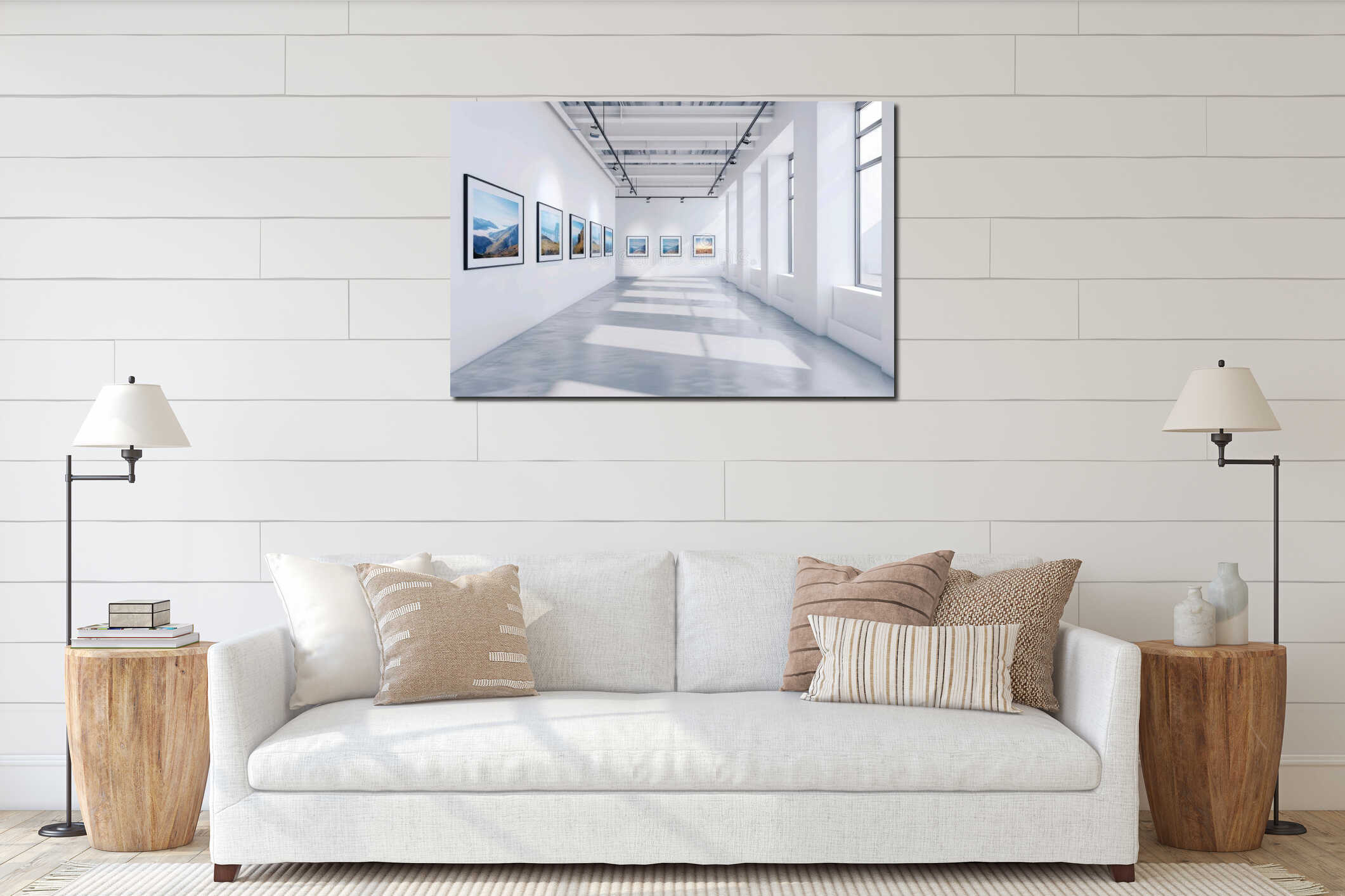 A long hallway lined with framed pictures on the walls, perfect for use in a gallery or museum setting interior mockup