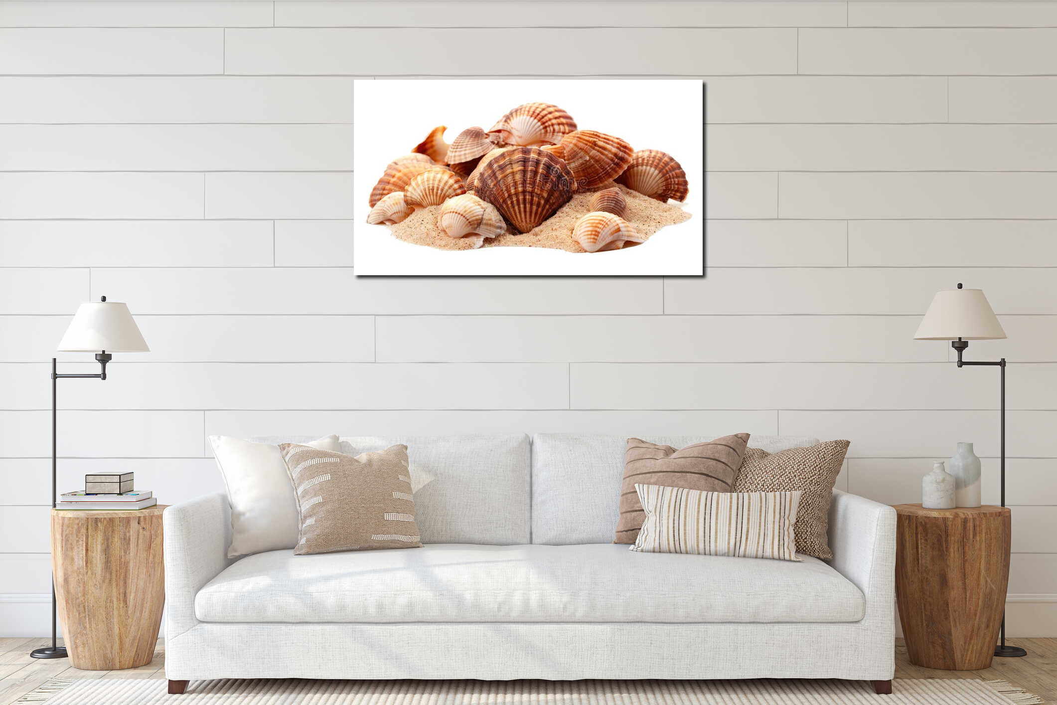 A group of seashells sitting on the surface of a sandy beach, suitable for travel or coastal-themed images interior mockup