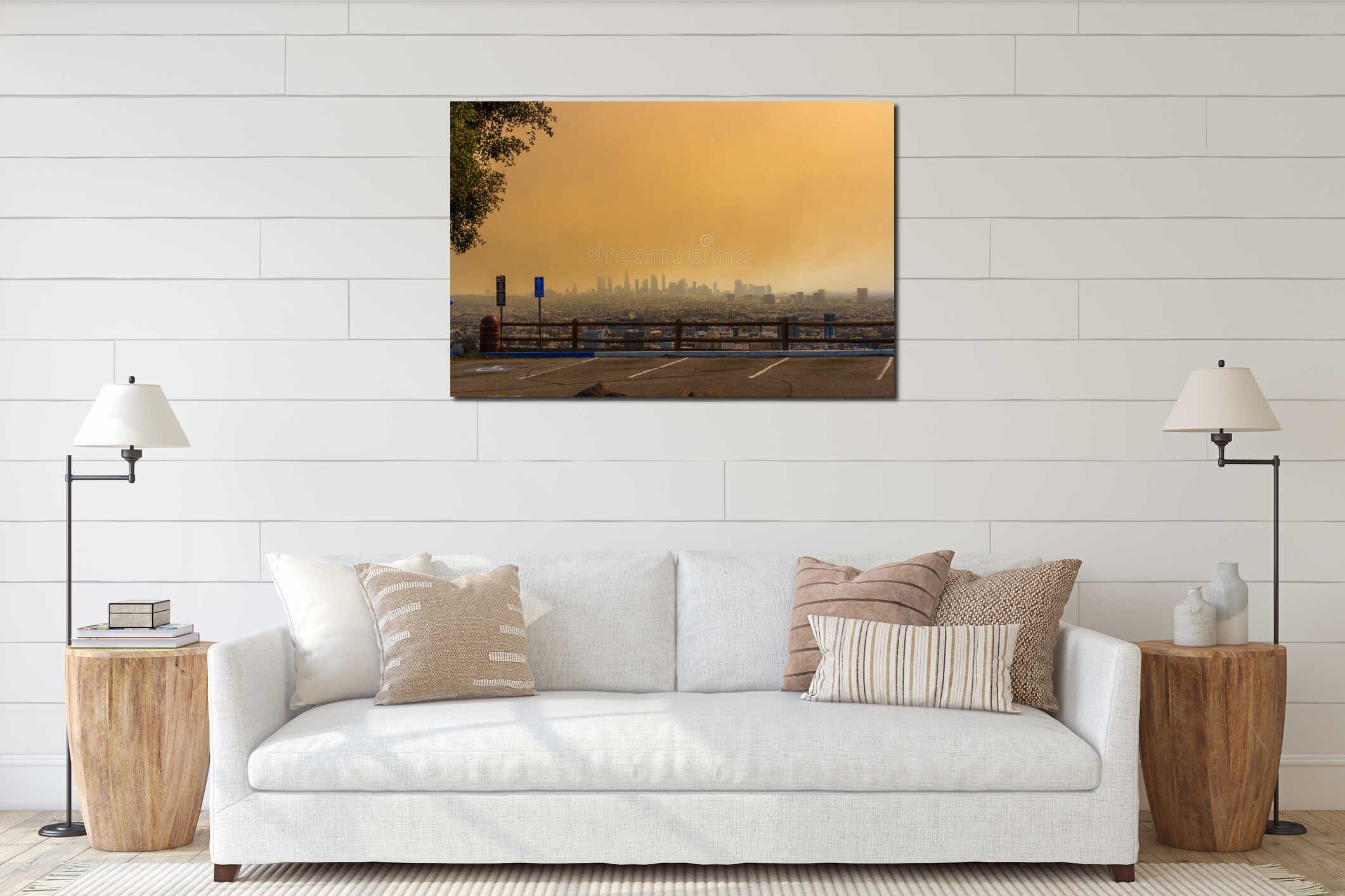 Los Angeles, California - January 8, 2025: Los Angeles Skyline Amidst Wildfire Smoke and Haze interior mockup