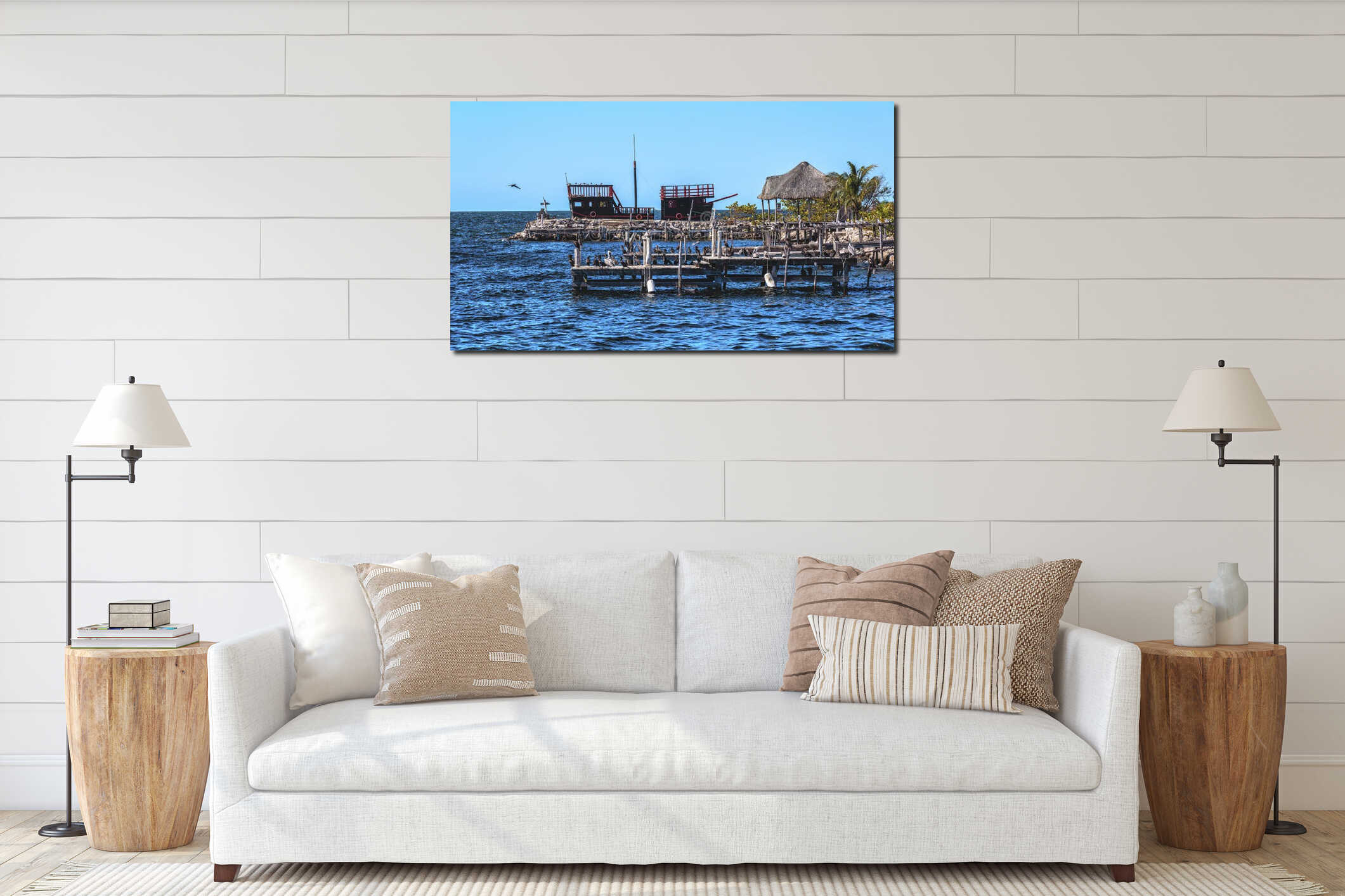 Fantasy boat on the beach with palm trees, pier interior mockup