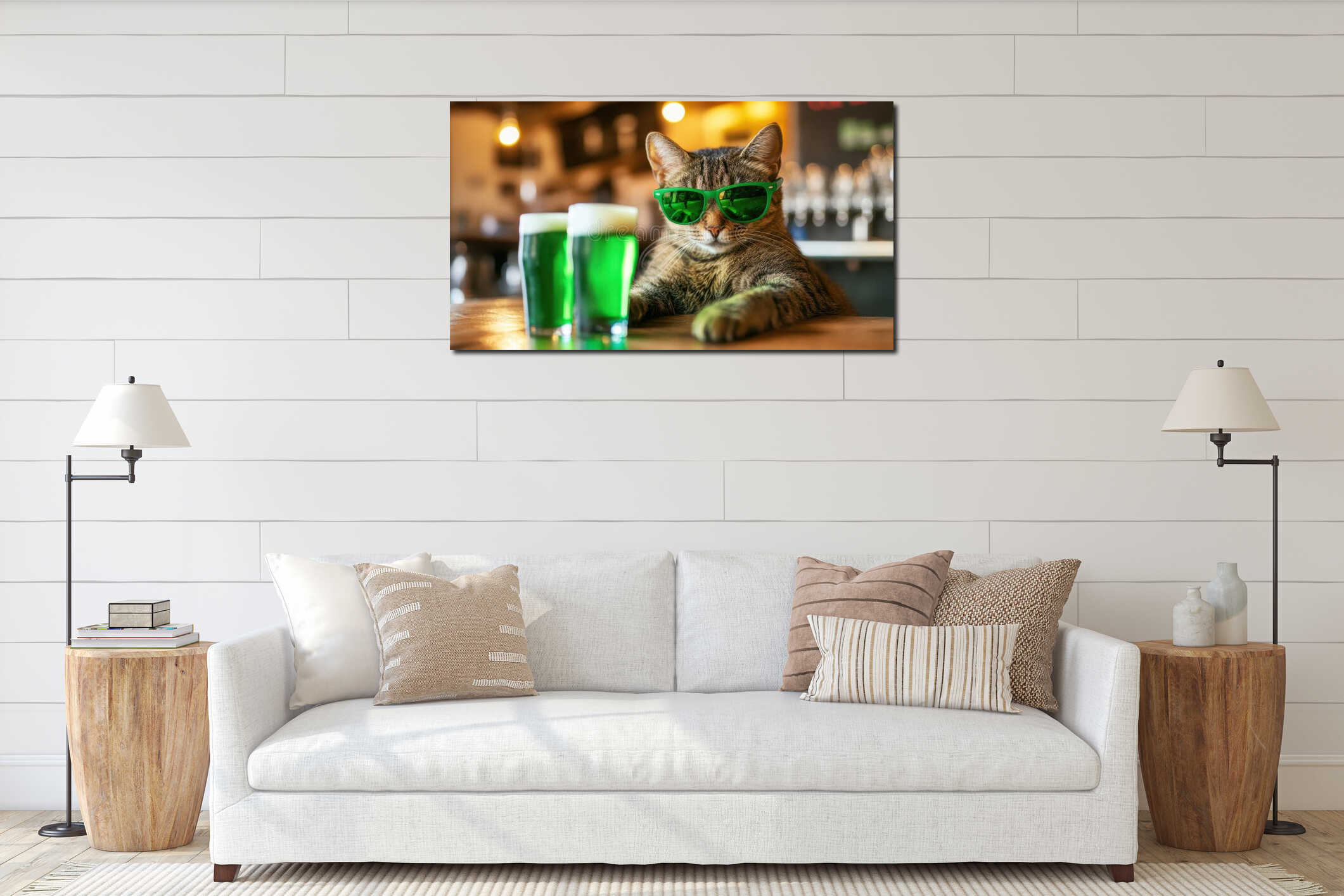 Tabby cat wearing sunglasses sitting at bar counter with two mugs of green beer. Festive atmosphere interior mockup