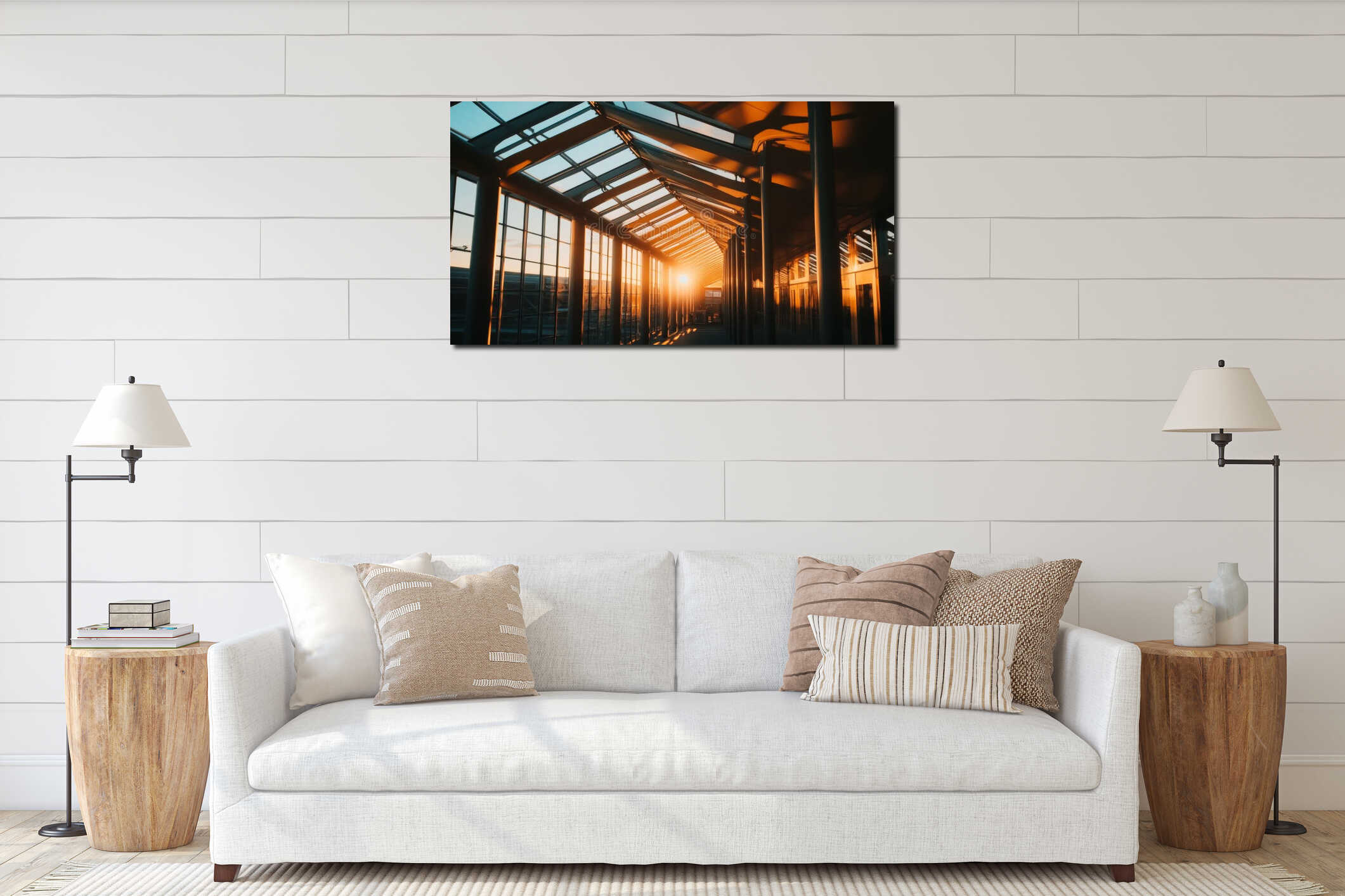 Sunlit Atrium: In a low-angle shot, a modern atrium is bathed in the warm light of the setting sun. The dark shapes of interior mockup