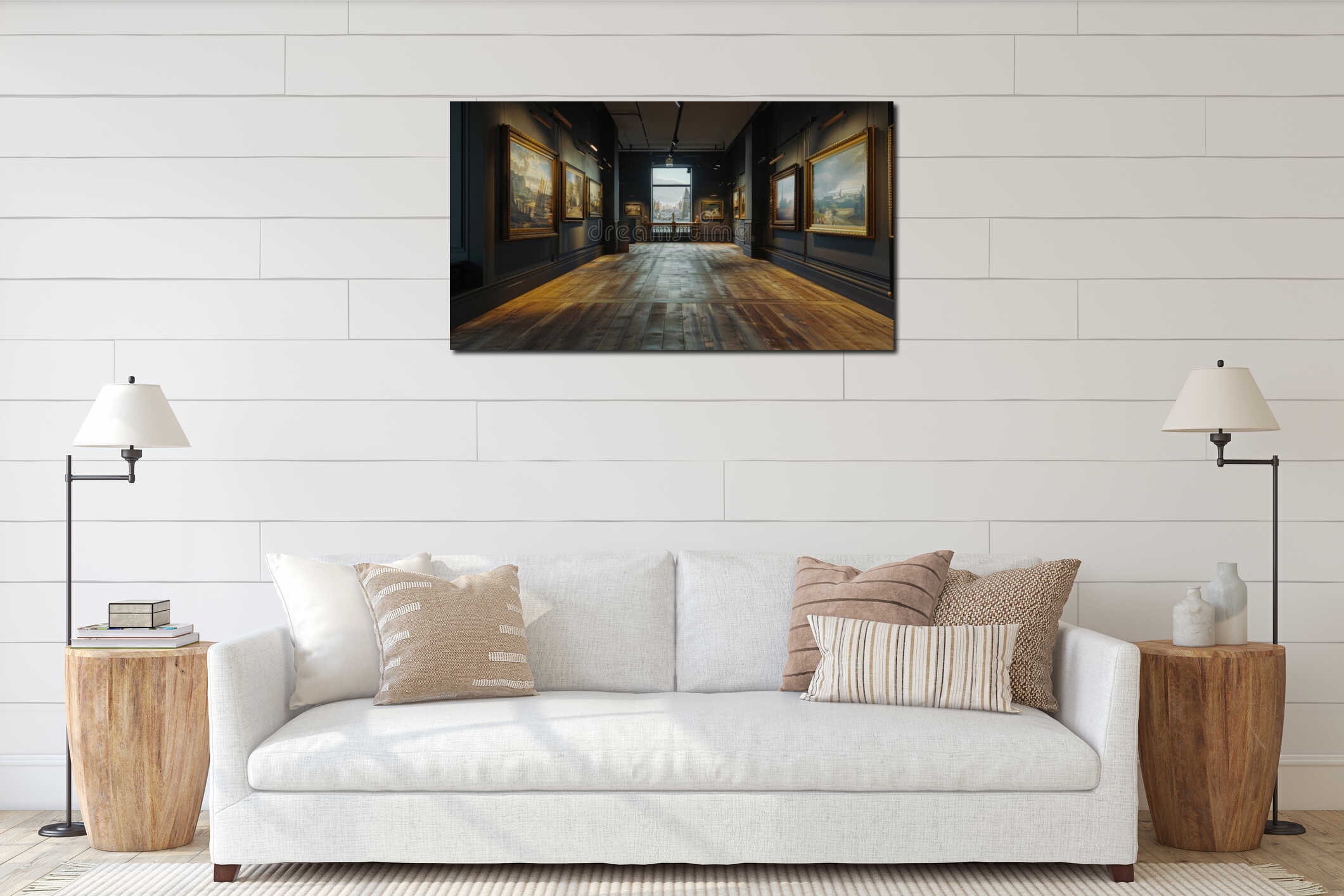 A long hallway lined with paintings interior mockup