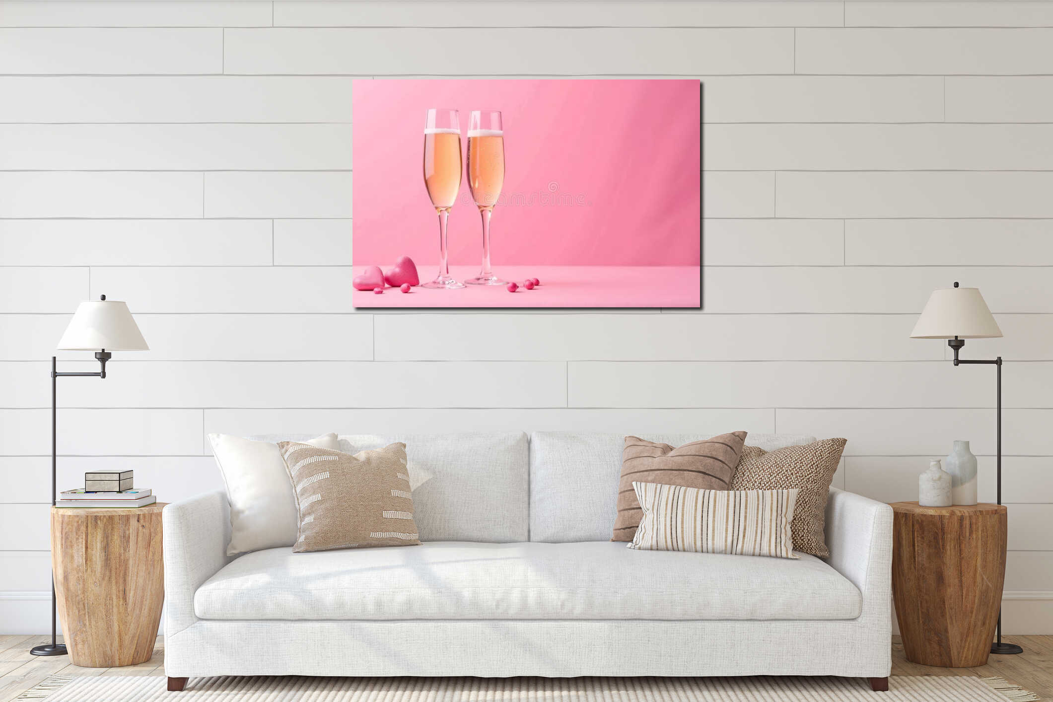 Two glasses champagne on pink background, Valentine's Day card. AI Generative interior mockup