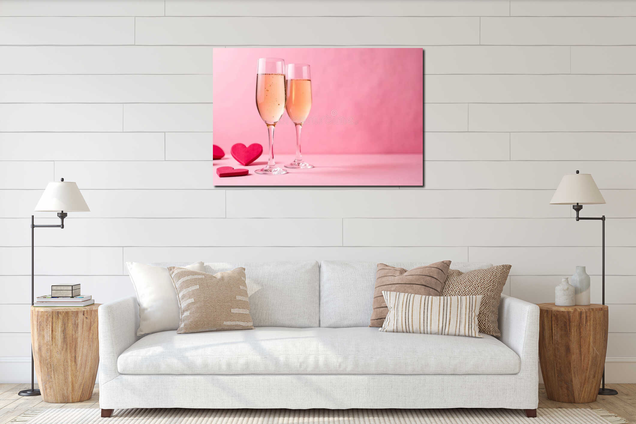 Two glasses champagne on pink background, Valentine's Day card. AI Generative interior mockup