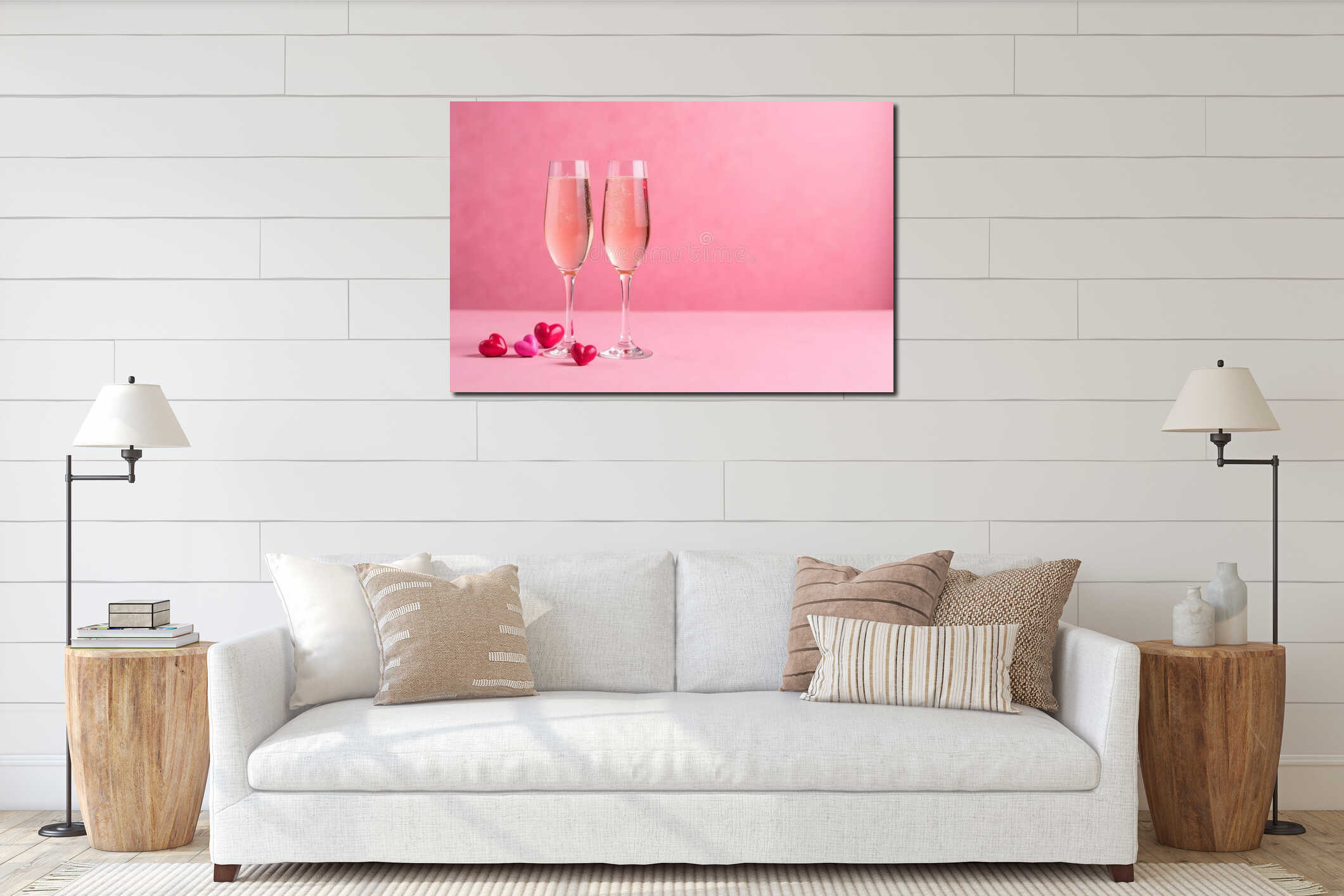 Two glasses champagne on pink background, Valentine's Day card. AI Generative interior mockup
