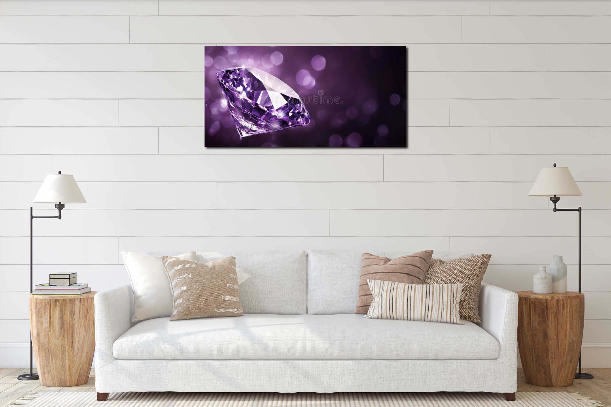 A brilliant amethyst purple diamond background with sparkling gems that catch light from every angle interior mockup