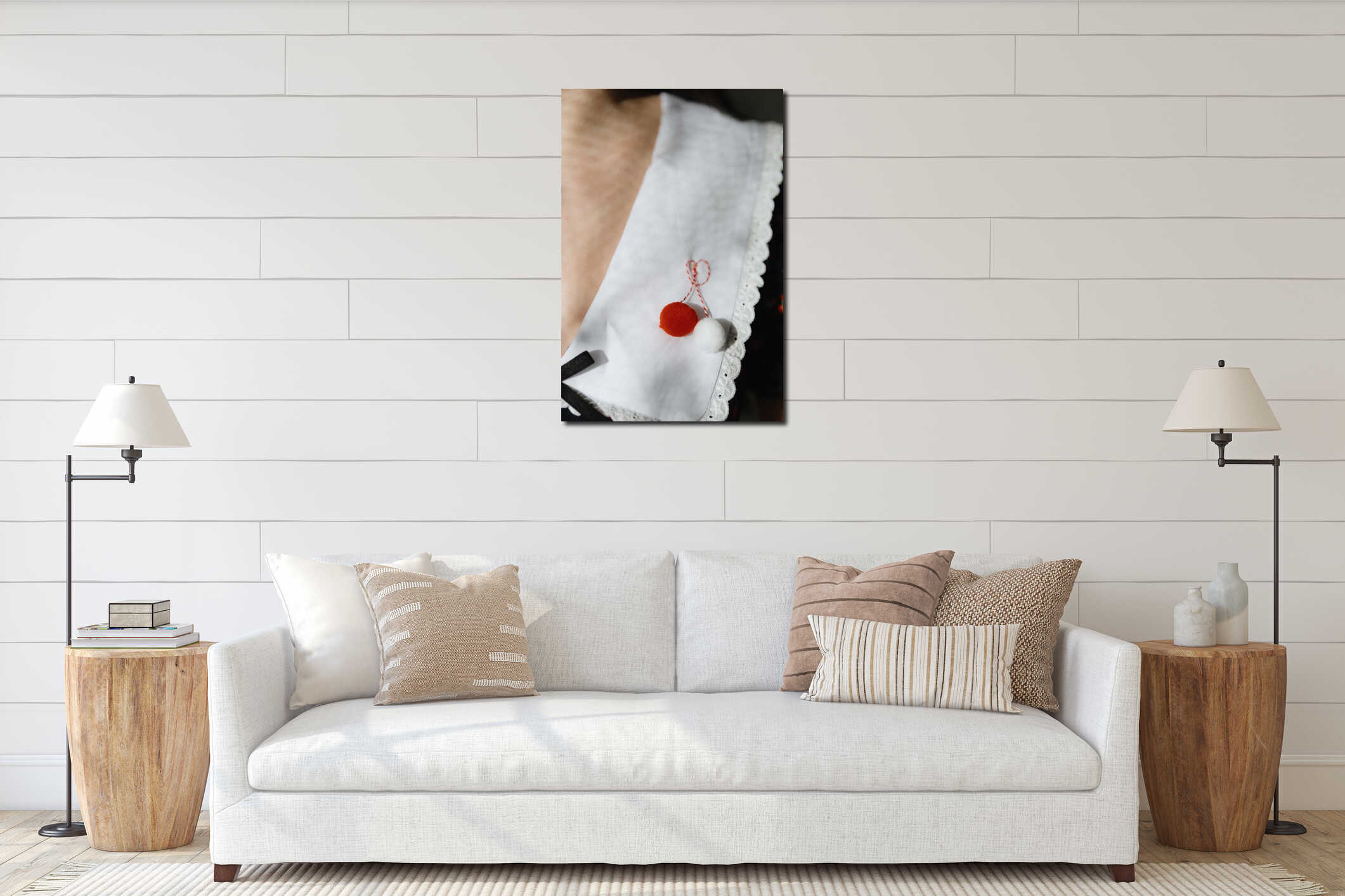 One fluffy martisor balls on the collar of the dress. interior mockup