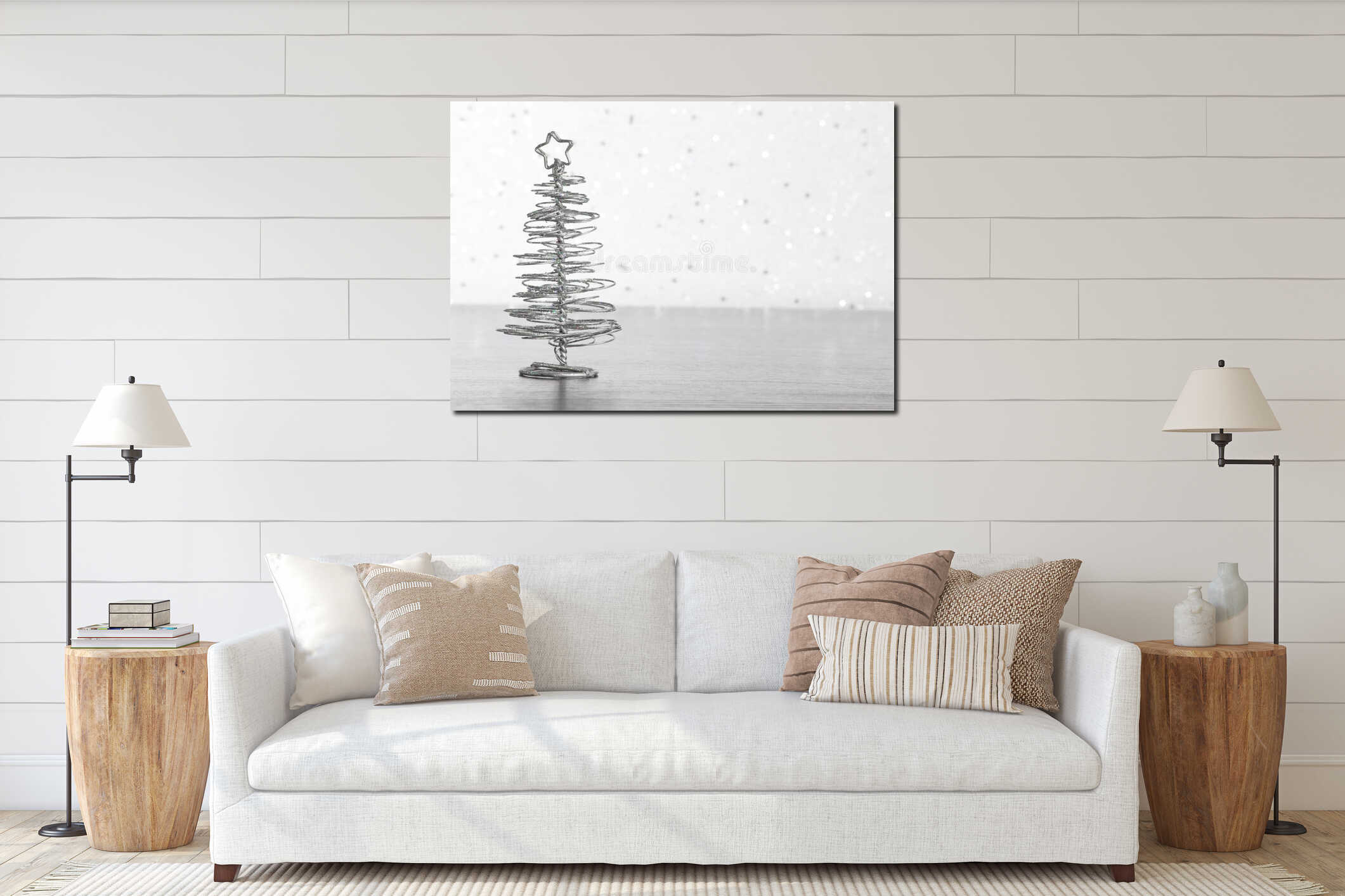 Metallic modern christmas tree on wood table interior mockup