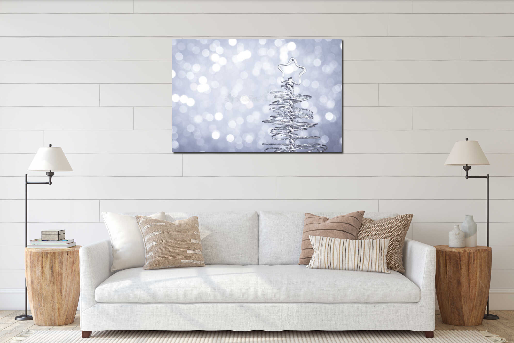 Detail of metallic modern christmas tree on wood table interior mockup