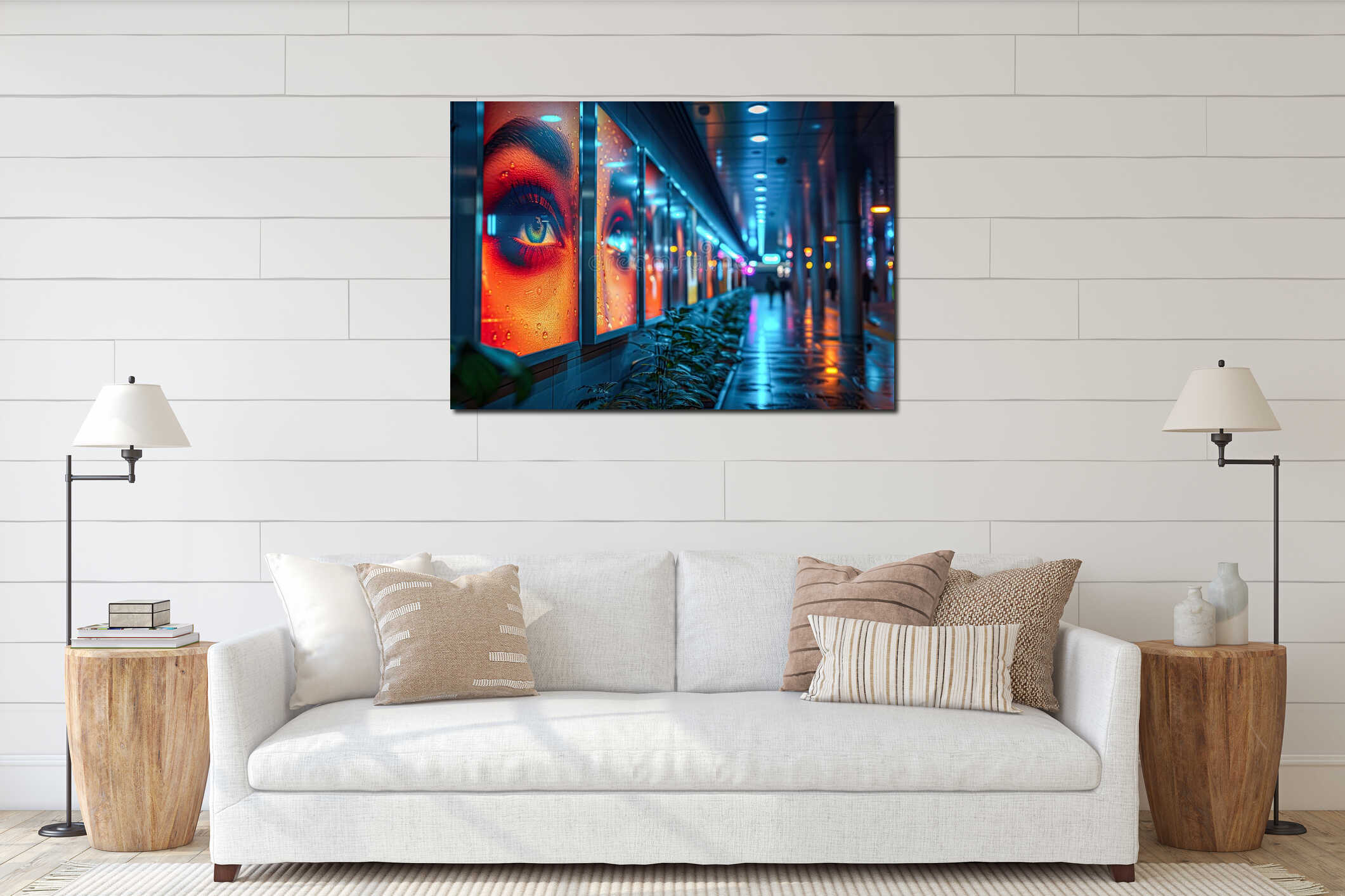 Long hallway with a series of large framed pictures of people's eyes interior mockup