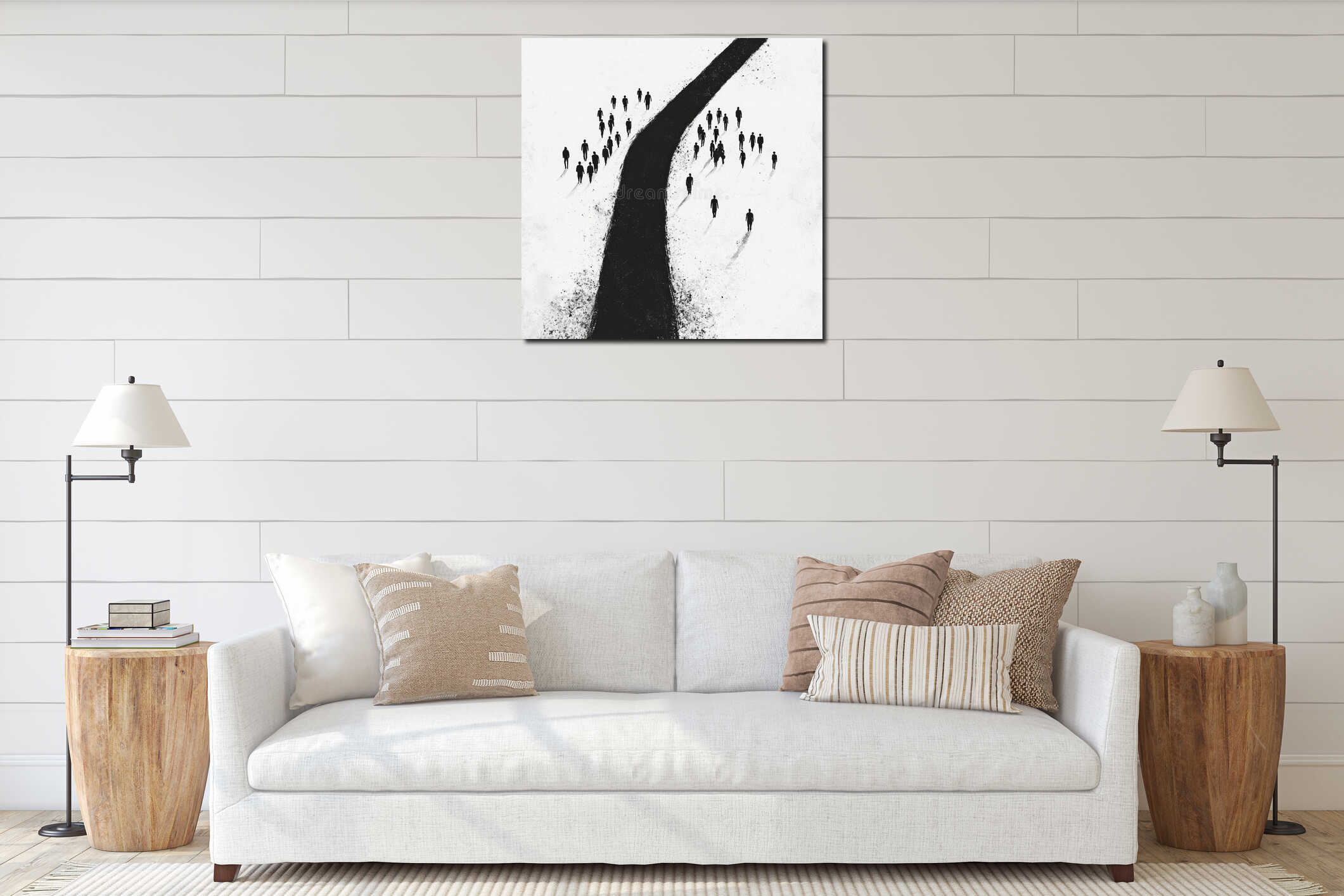 conceptual illustration shows crowded path celebrating Eid al Fitr while other is solitary symbolizing unity and interior mockup