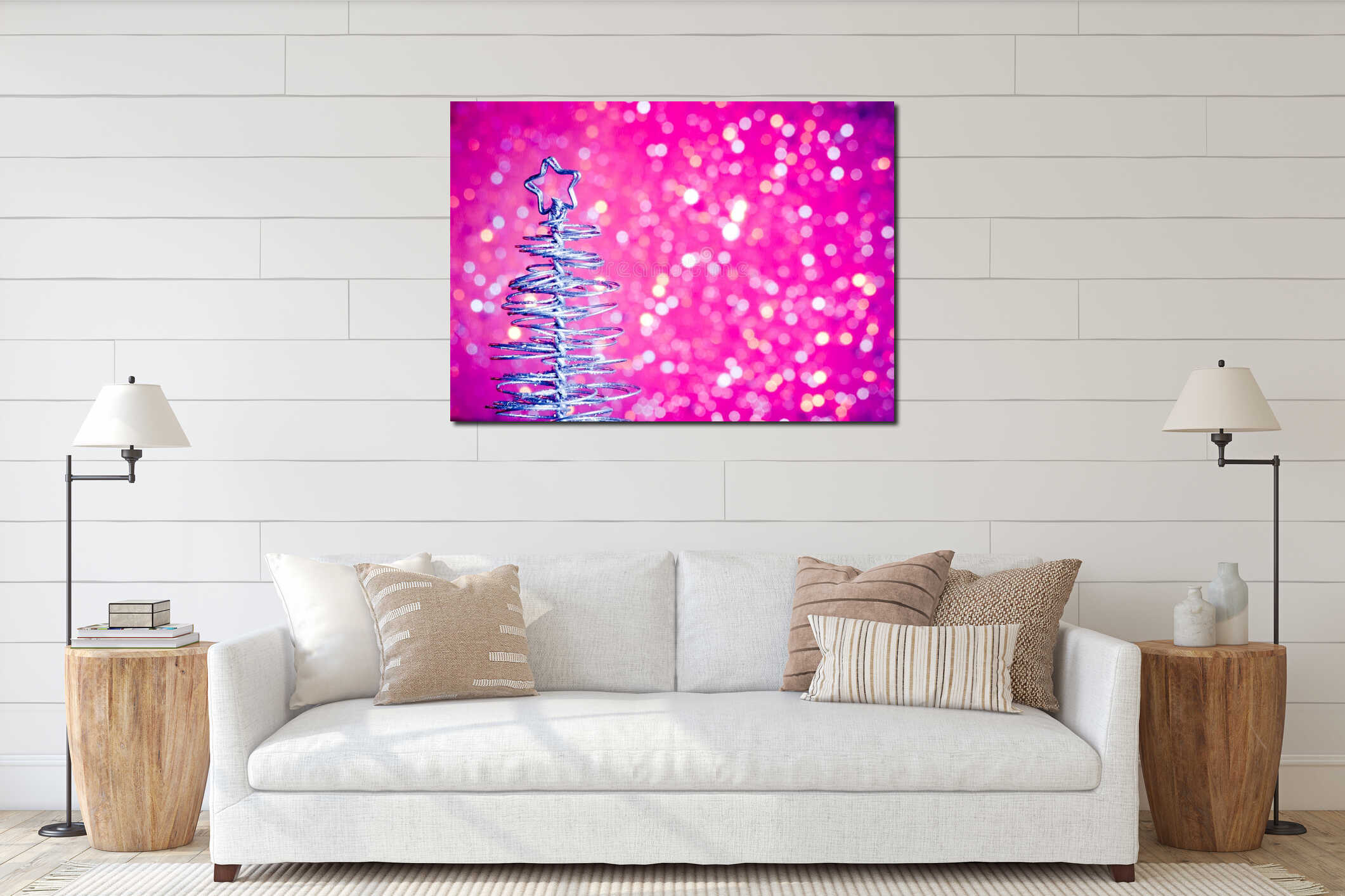 Close-up of metallic modern christmas tree on wood table interior mockup