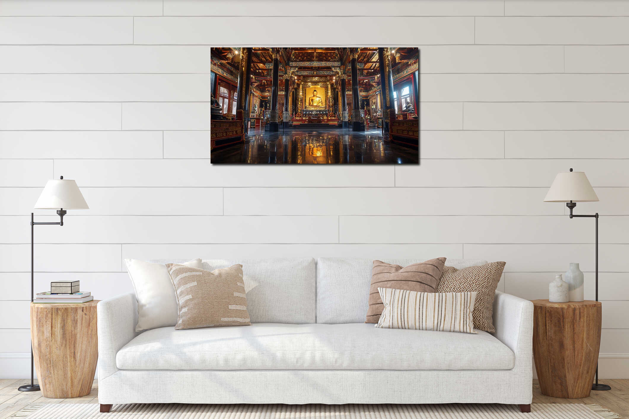 Generative AI Opulent Buddhist Temple Interior with Rich Decor and Grand Buddha Statue business concept. interior mockup