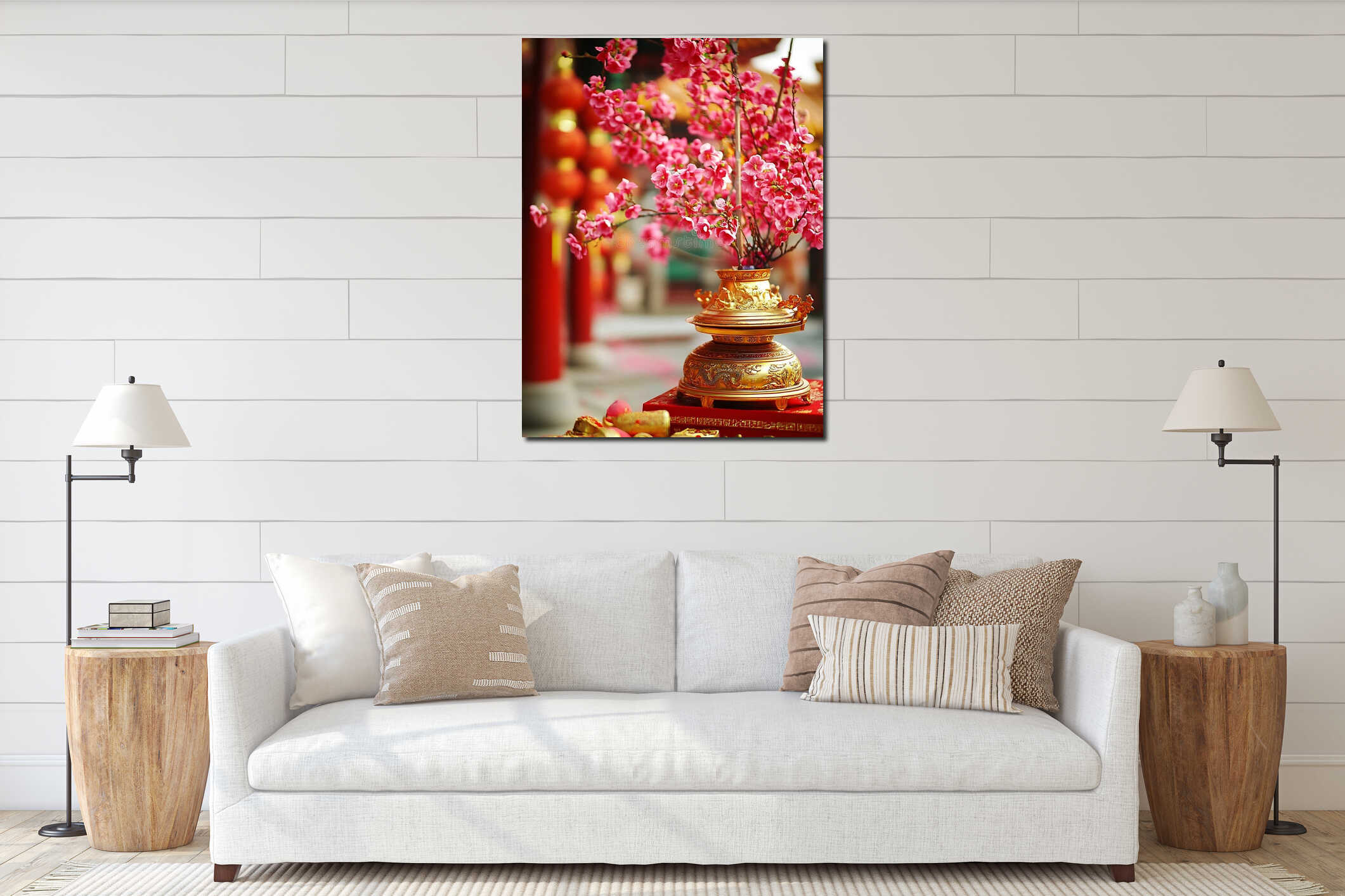 Generative AI Vibrant Cherry Blossom and Gold Incense Pot at Traditional Festival business concept. interior mockup