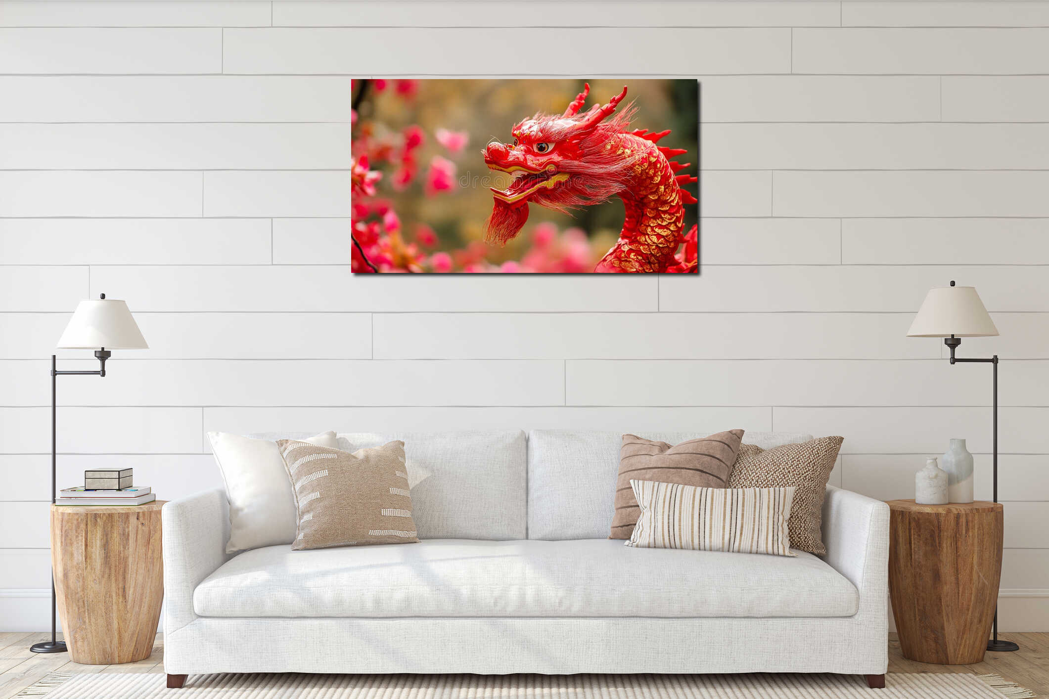 Generative AI Vibrant Red Chinese Dragon with Golden Scales Amidst Cherry Blossoms business concept. interior mockup