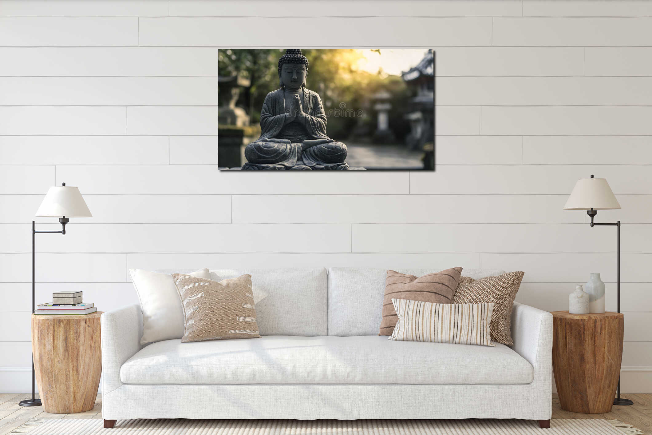 Generative AI Tranquil Stone Buddha Statue in Peaceful Garden Setting business concept. interior mockup