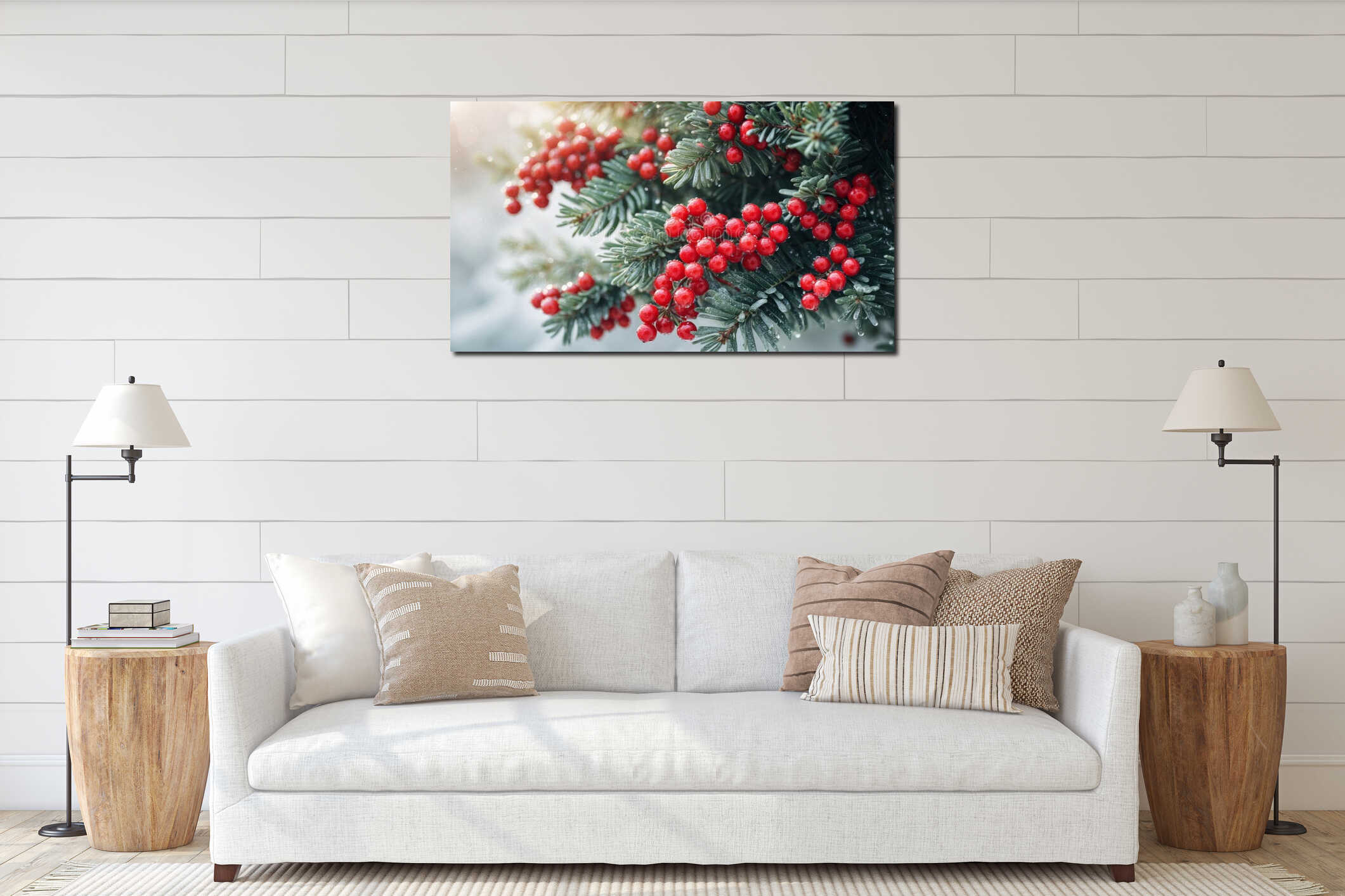 Festive close up of evergreen branches with vibrant red berries interior mockup