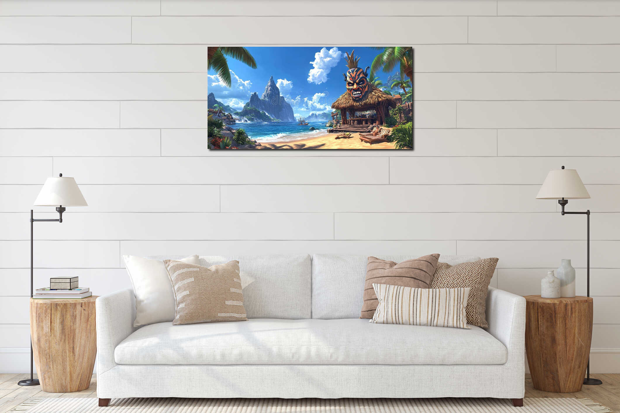 Tropical beach with a thatched hut, tiki mask, and dramatic mountains under a blue sky at a sunny destination interior mockup