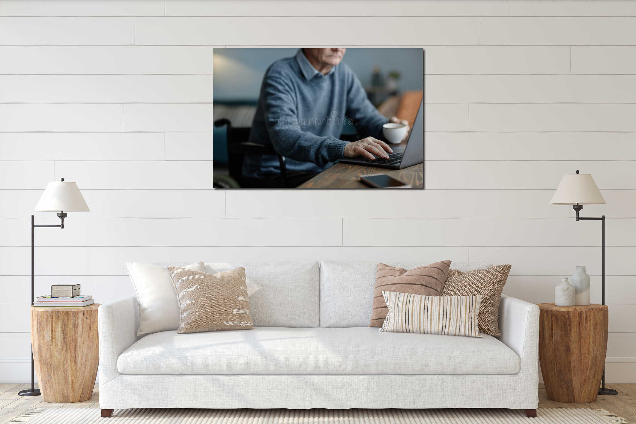 Senior Man Wheelchair Typing on Laptop Keyboard Writing Message at Home interior mockup