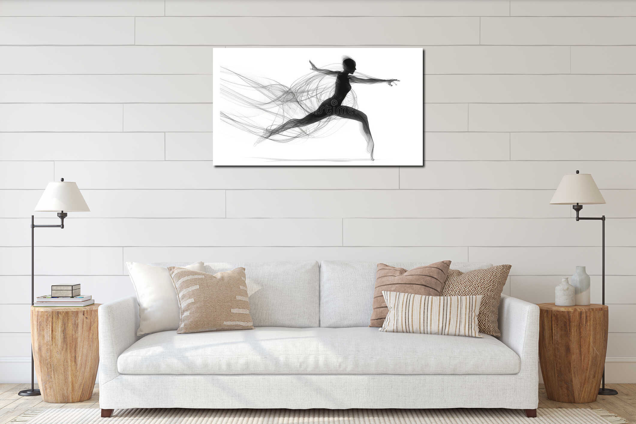 Graceful wireframe figure leaping in motion interior mockup