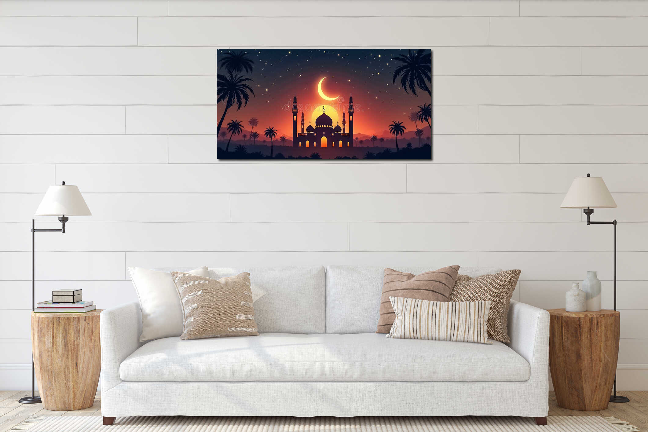 Magnificent Mosque Illustration at Sunset with Crescent Moon and Starry Sky interior mockup