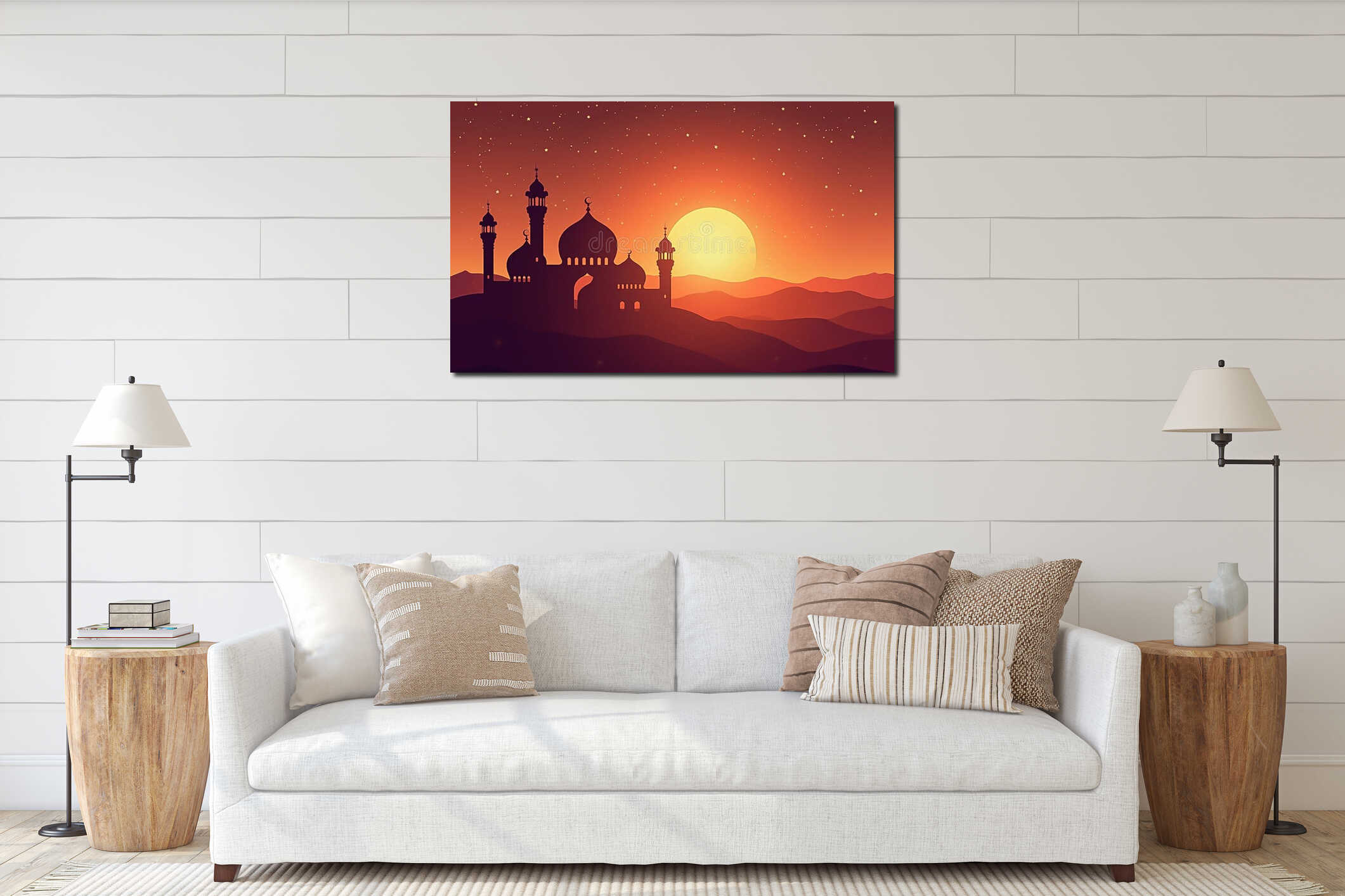 Magnificent Mosque Illustration at Sunset with Crescent Moon and Starry Sky interior mockup