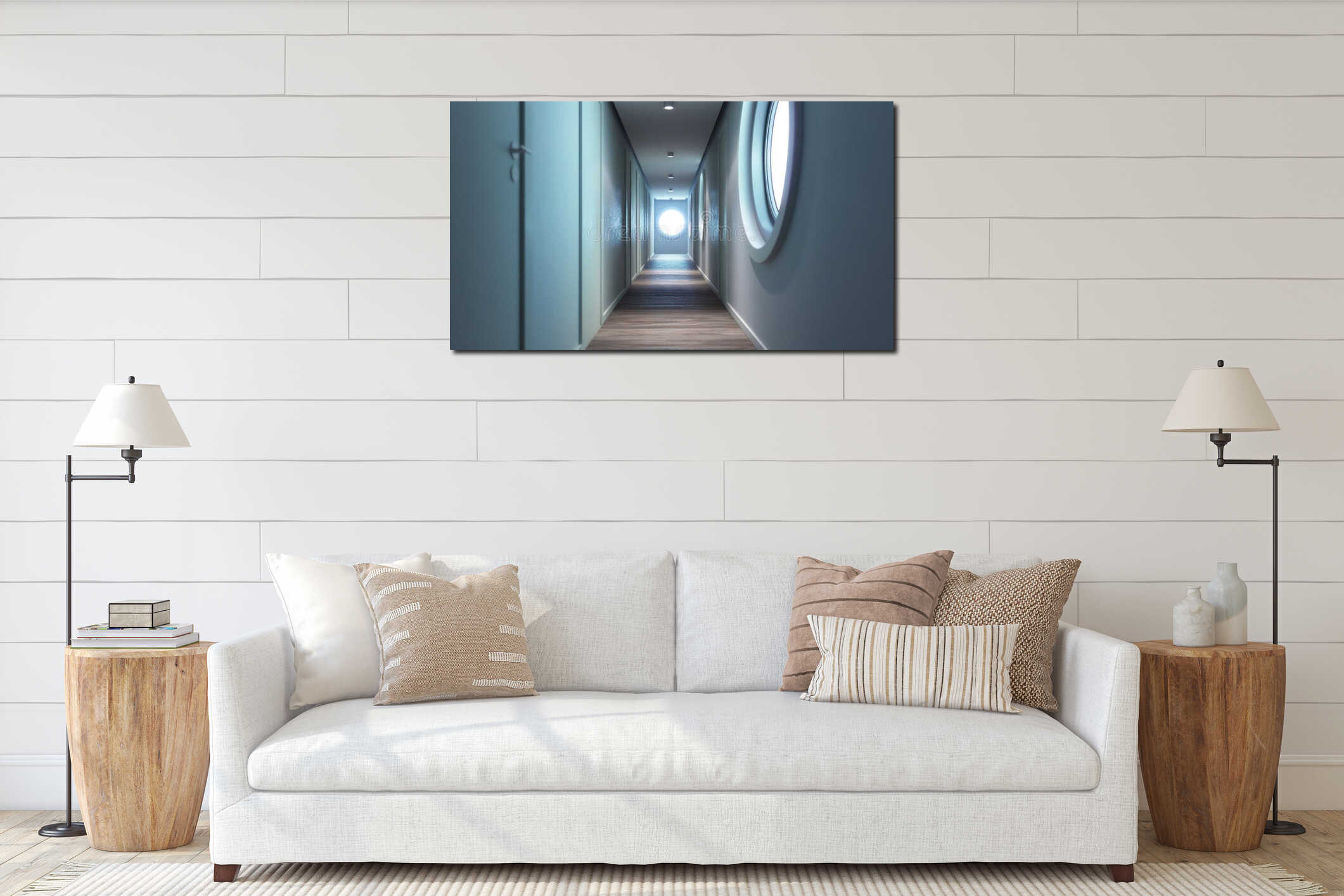 A long hallway featuring a round mirror on the wall. Ideal for interior design concepts interior mockup