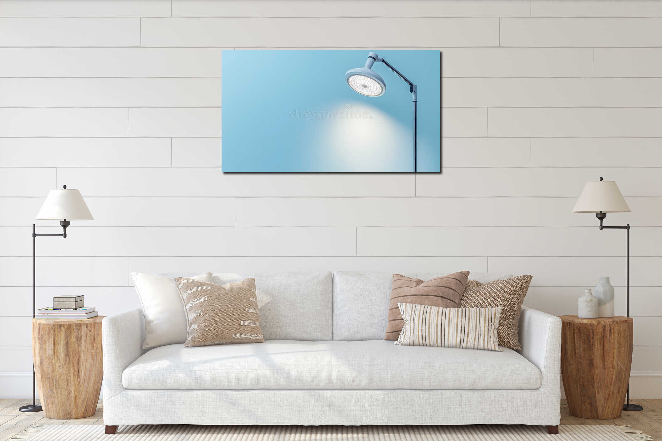 Modern floor lamp illuminating a minimalist room with blue wall and soft light in the evening. Generative AI interior mockup