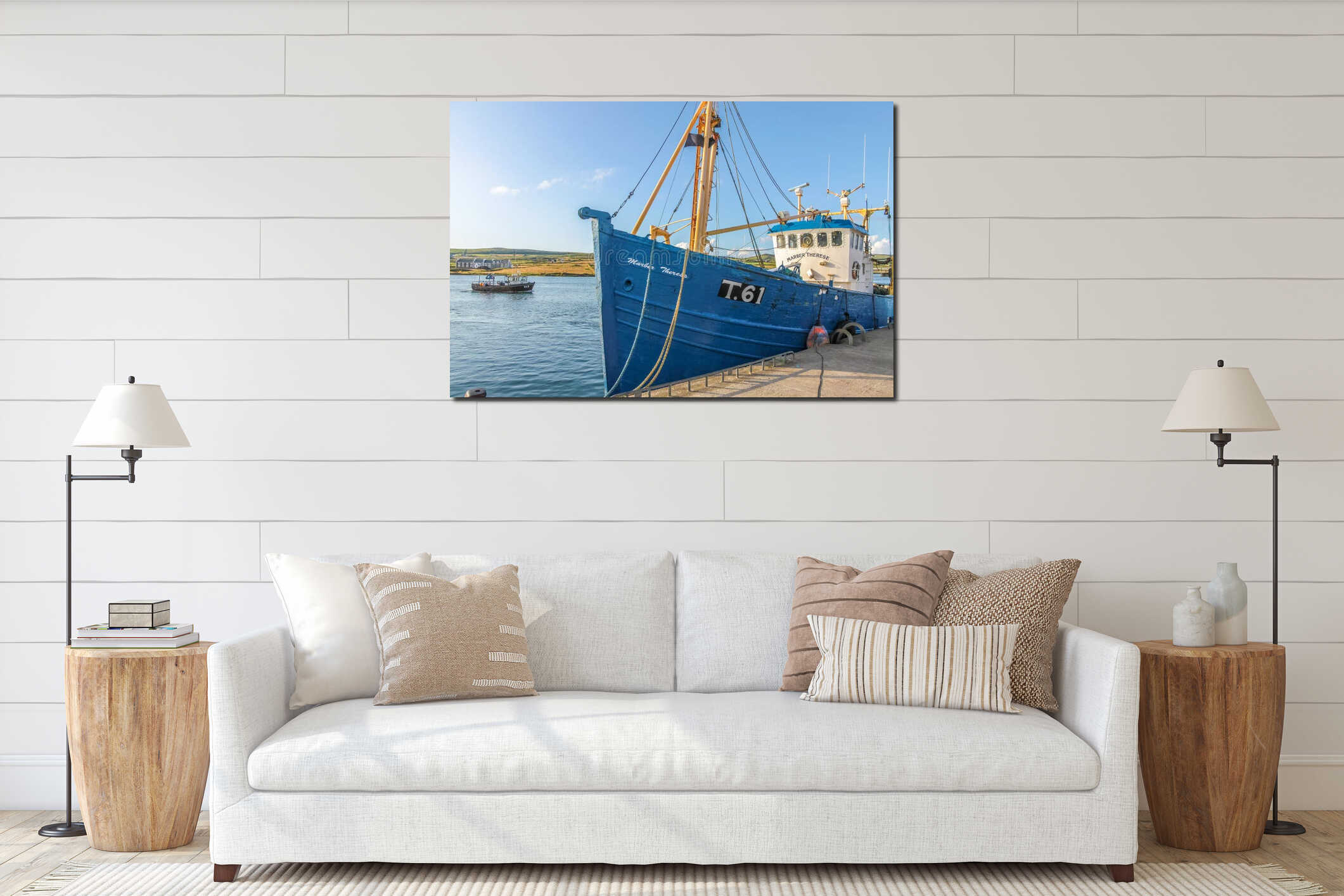 Blue fishing boat in the port interior mockup