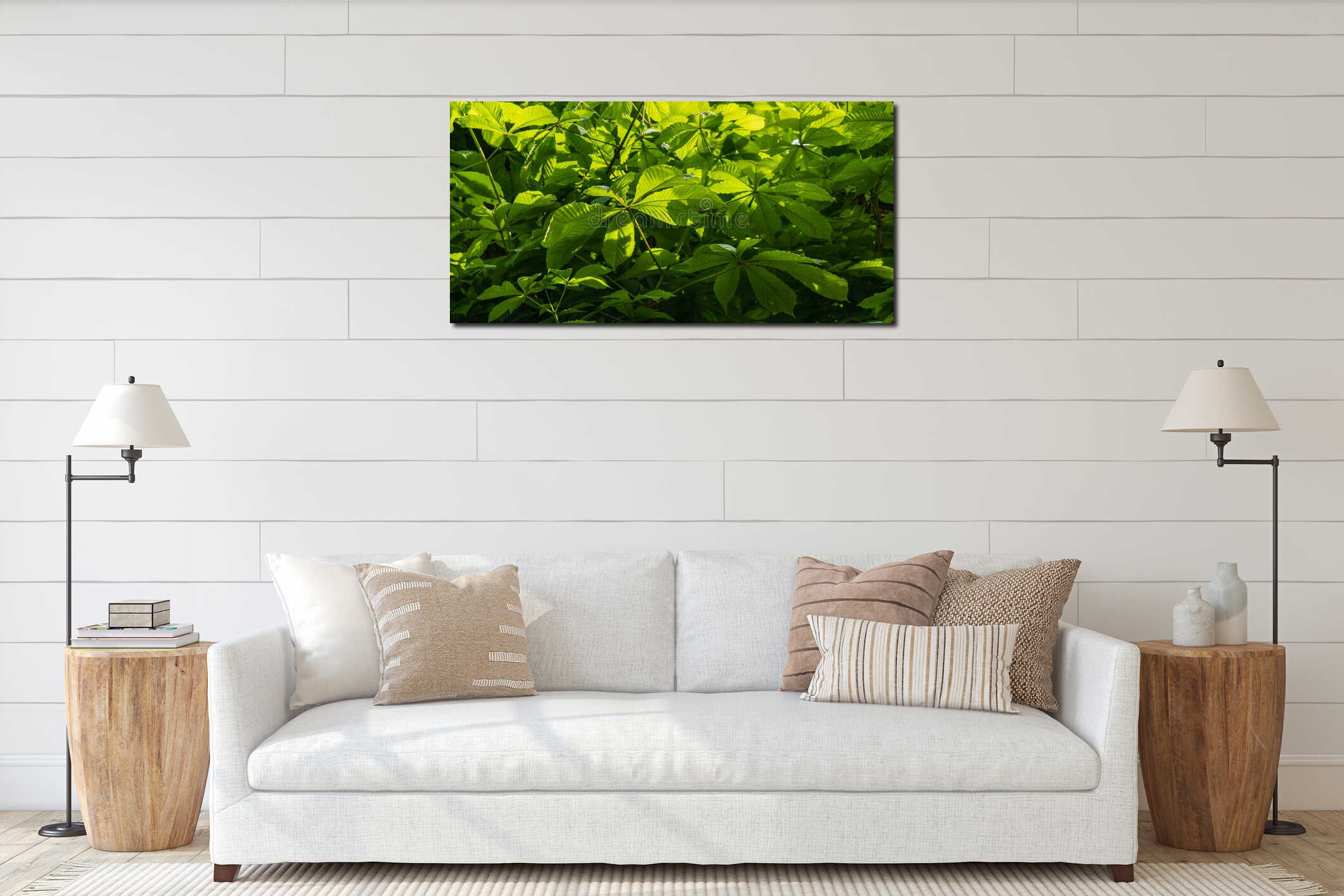 Green fresh chestnut leaves. Natural background. Panoramic view interior mockup