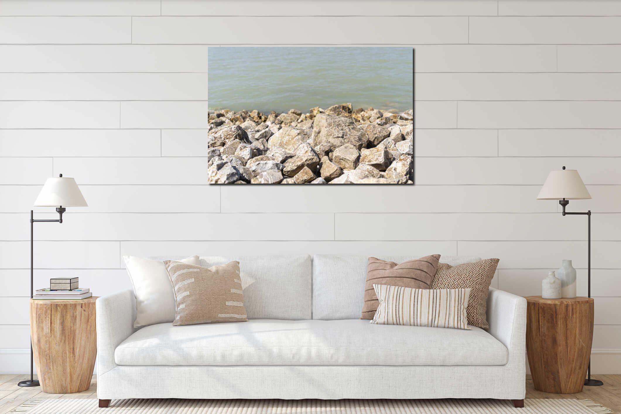 Rocky shoreline with calm water in sunlight. Lake Balaton, Hungary interior mockup