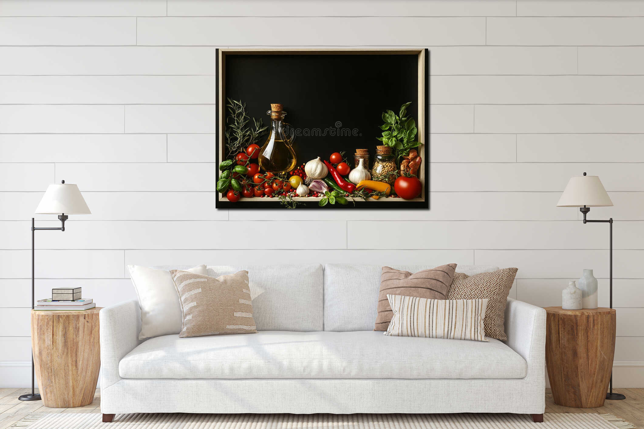 Fresh mediterranean ingredients with olive oil and herbs in rustic framed display interior mockup