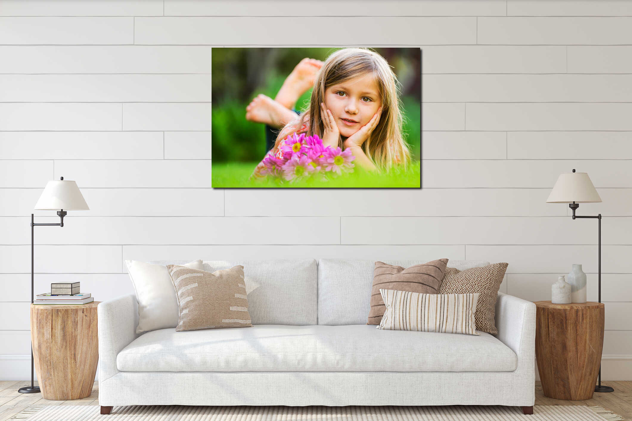 Cute happy little girl interior mockup