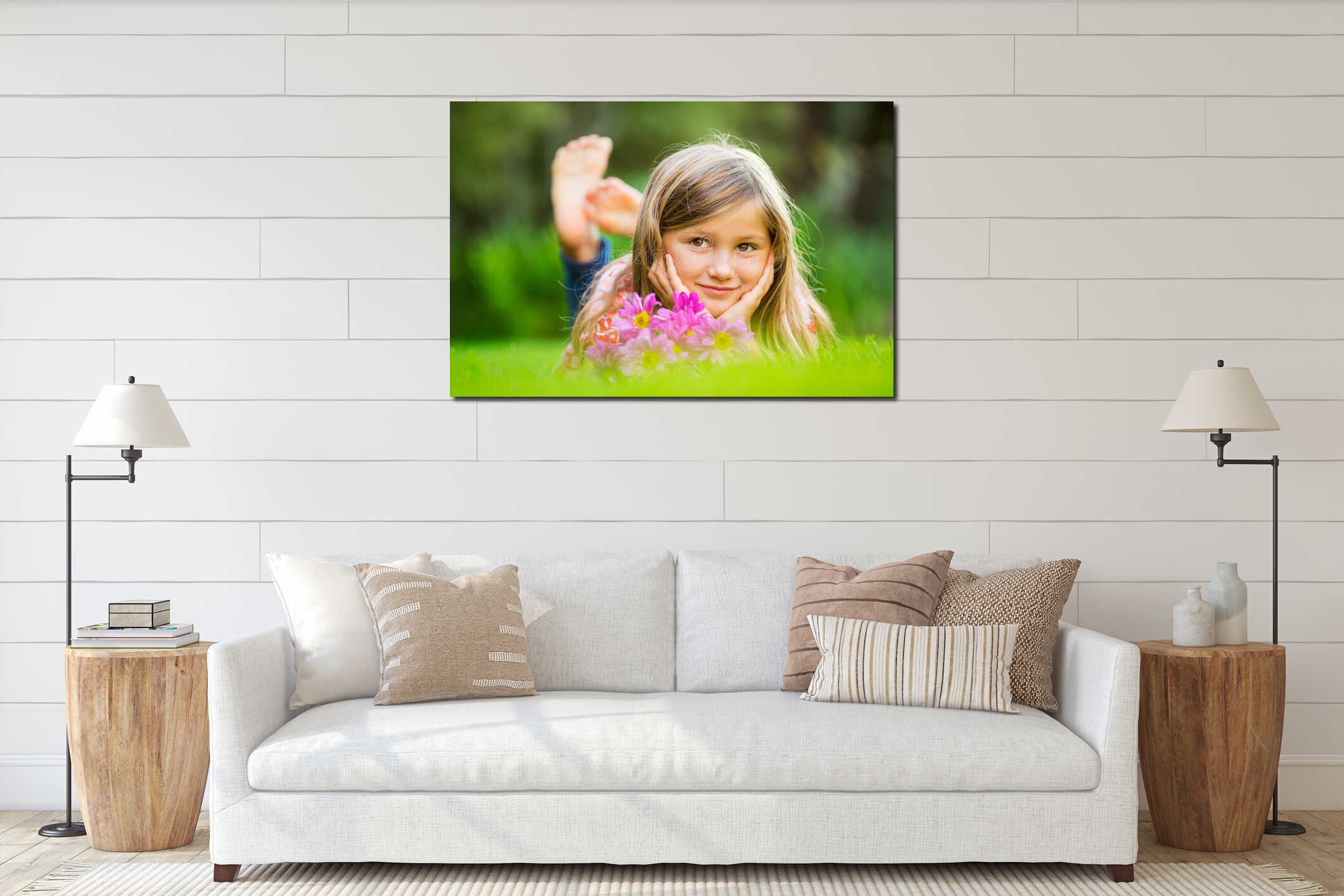 Cute happy little girl interior mockup