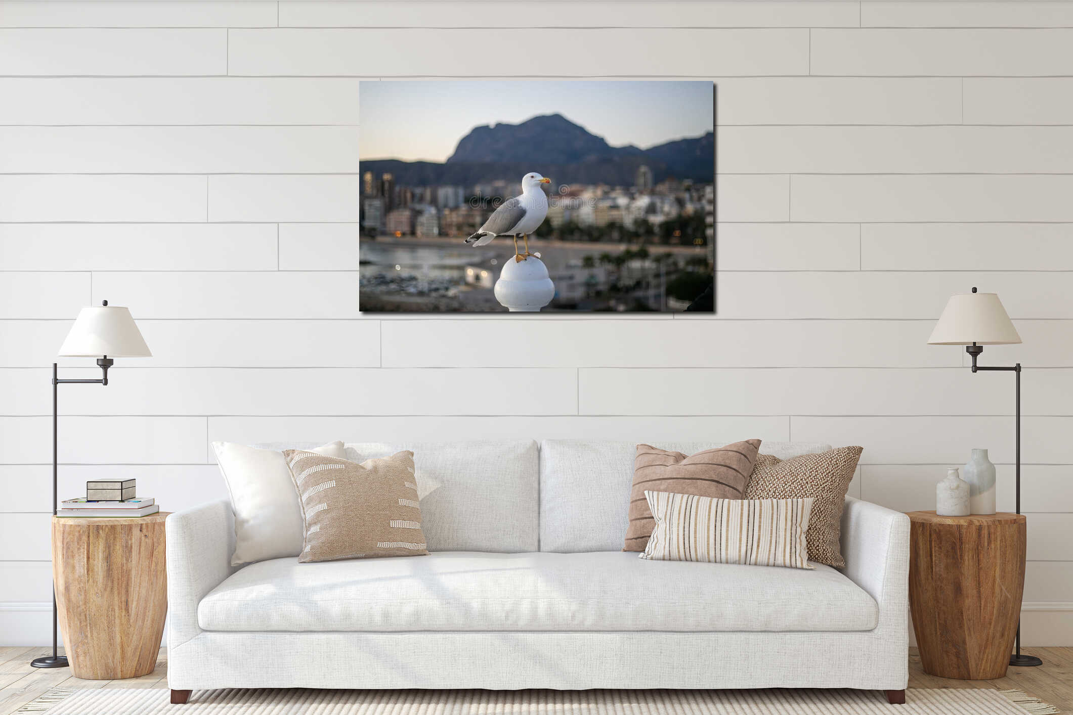 A seagull and Puig Campana mountain interior mockup