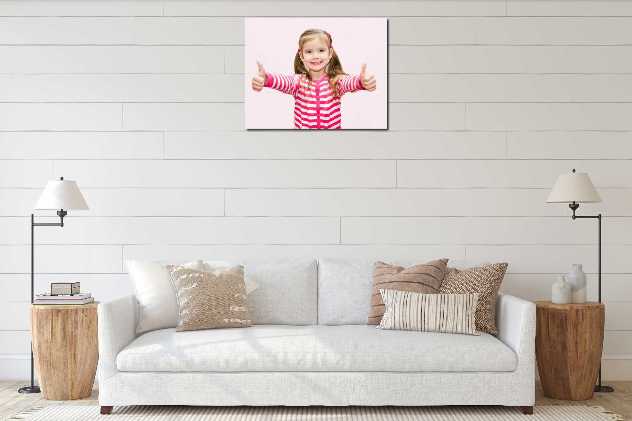 Cute happy little girl with thumbs up interior mockup