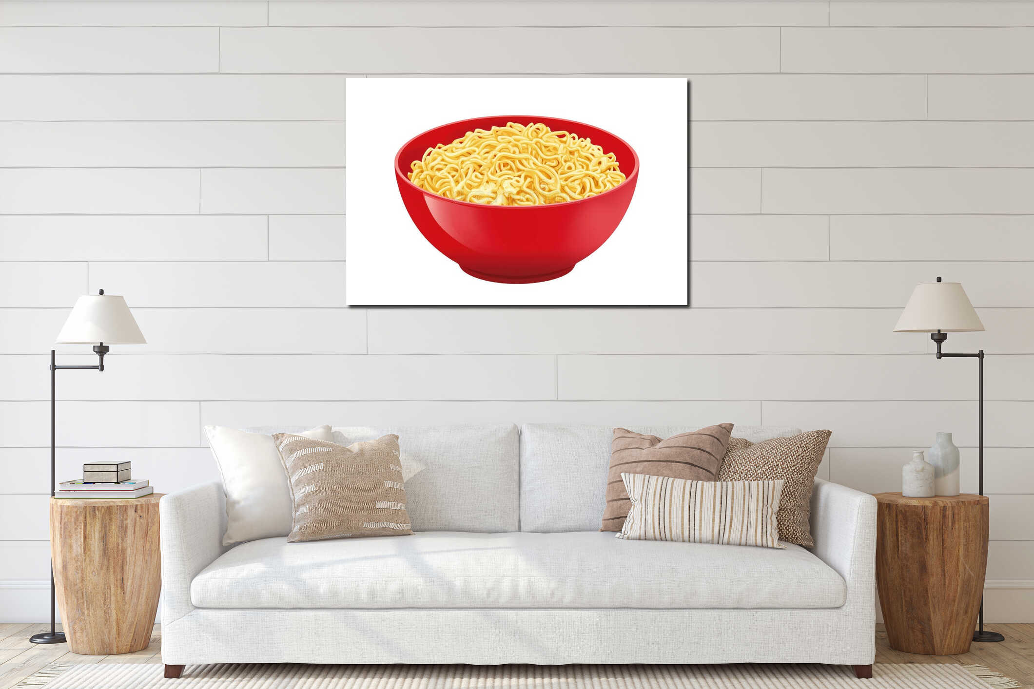 Bowl of noodles, yellow instant ramen in red bowl, simple and appetizing appearance, perfect for quick meals or snacks interior mockup