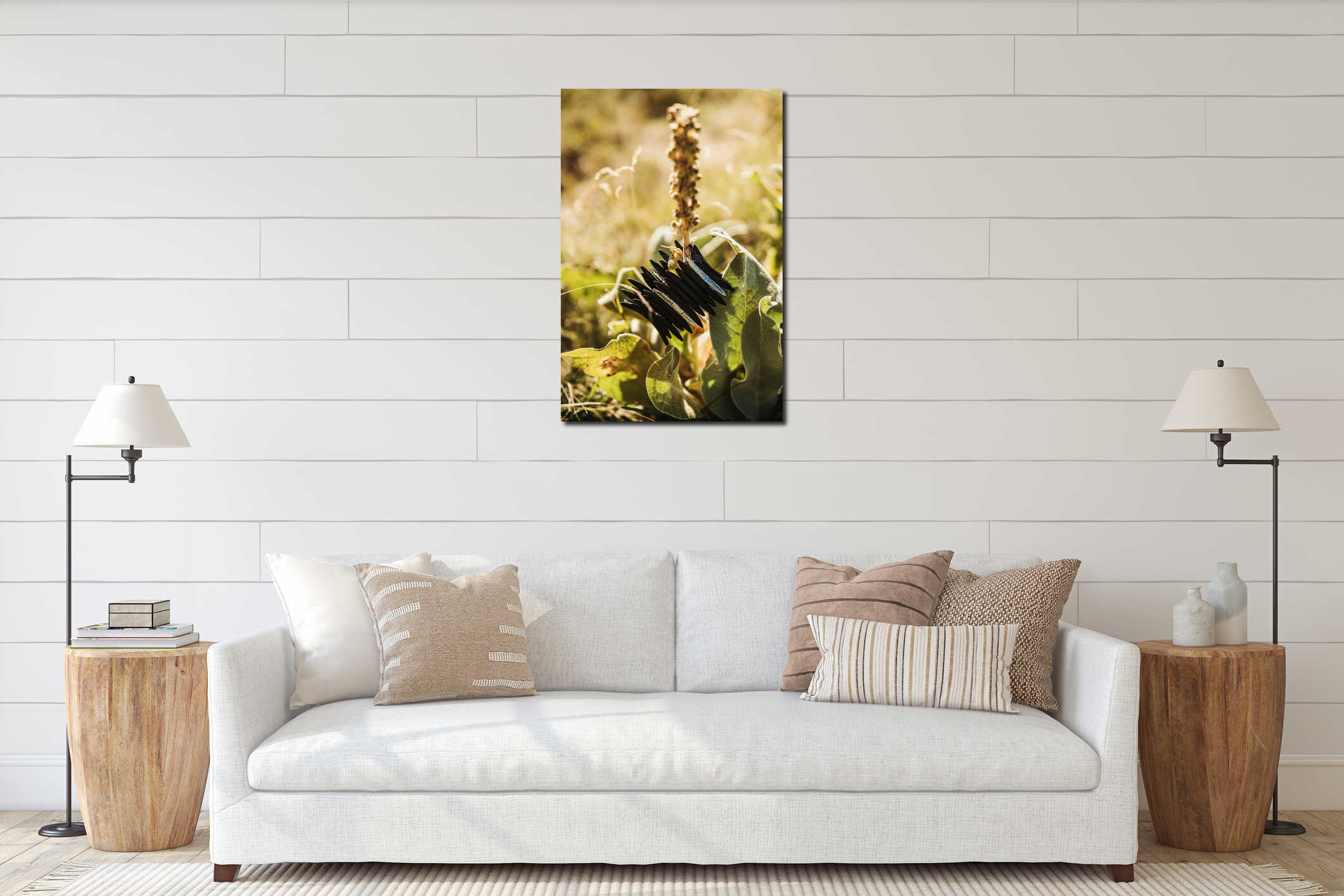 Black wooden seed pods on a vertical plant stalk are surrounded by large, textured green leaves. interior mockup
