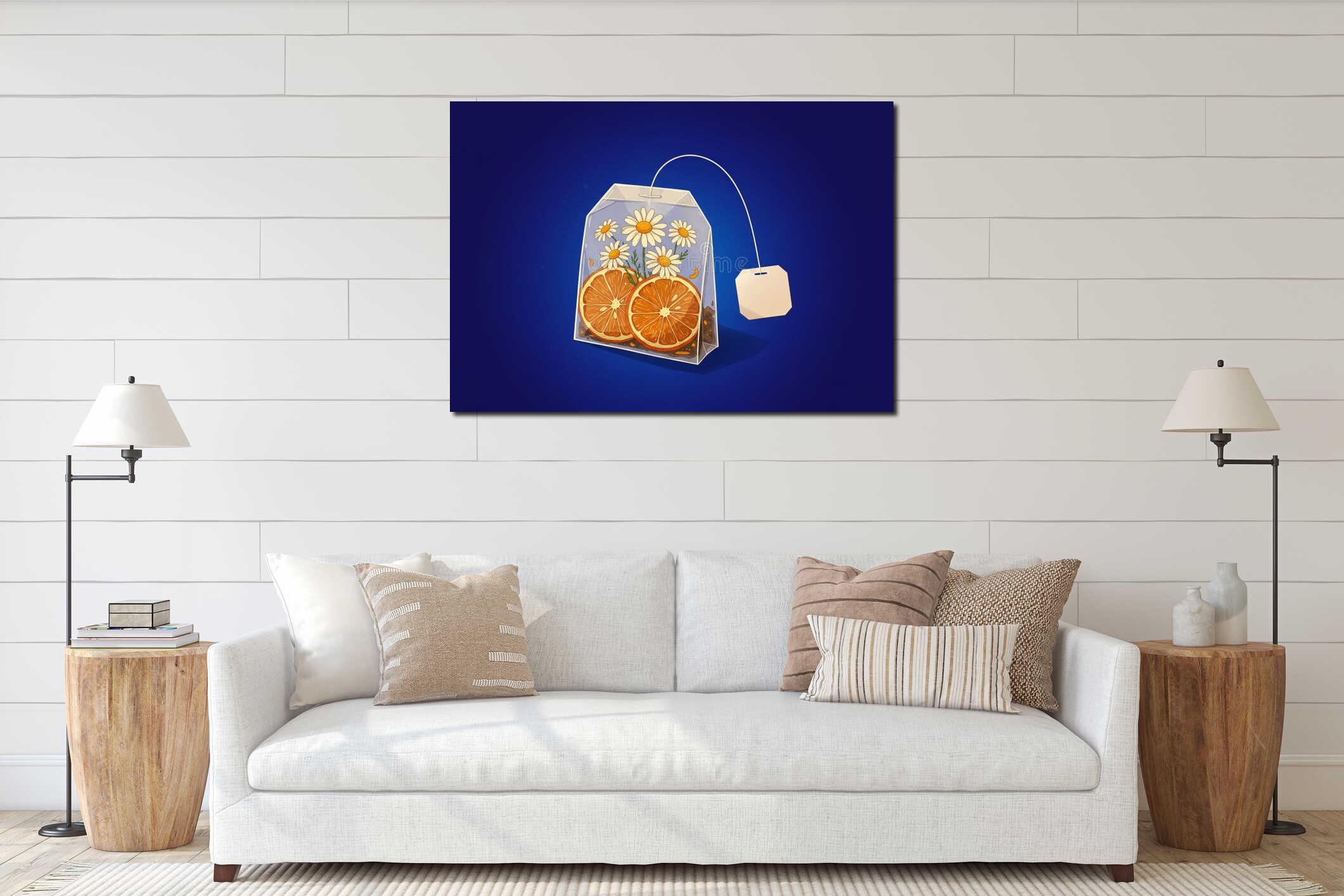 Creative herbal tea bag design with chamomile and orange on blue background interior mockup