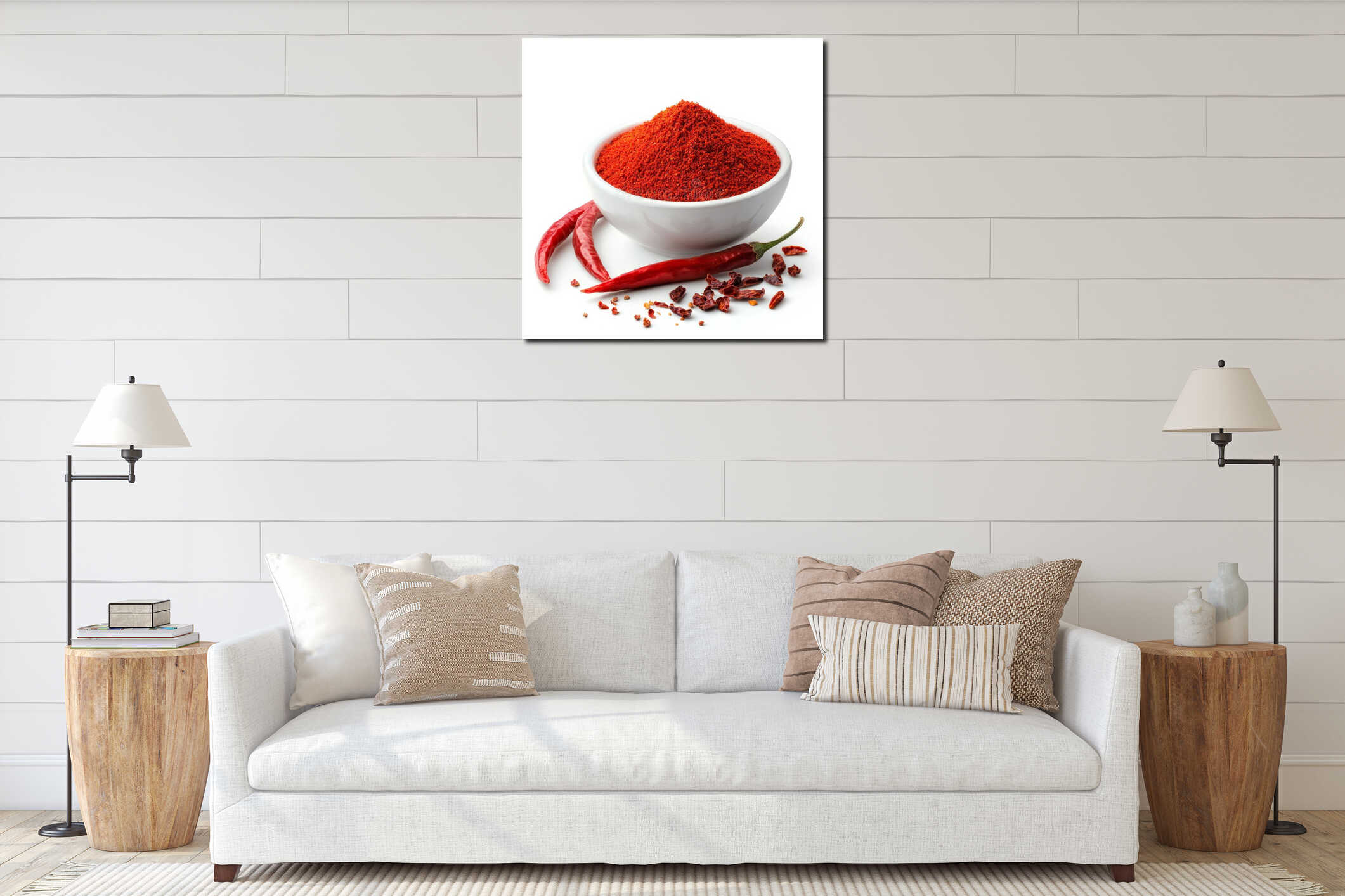 Bowl of vibrant red chili powder with whole chilies and flakes on white background interior mockup