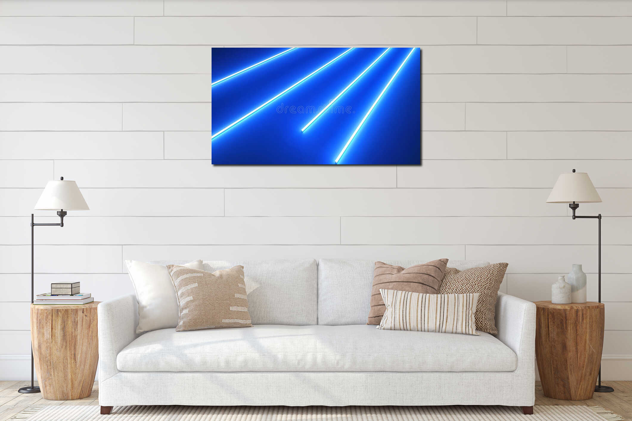 Bright Blue Neon Lights Converge on Blue Background interior mockup