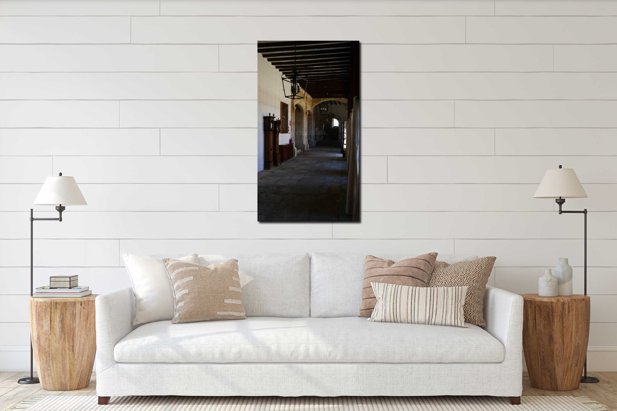 Historic Medieval Corridor with Modern Touches, Glass Doors, Curtains, Stone Wall, and Artwork interior mockup