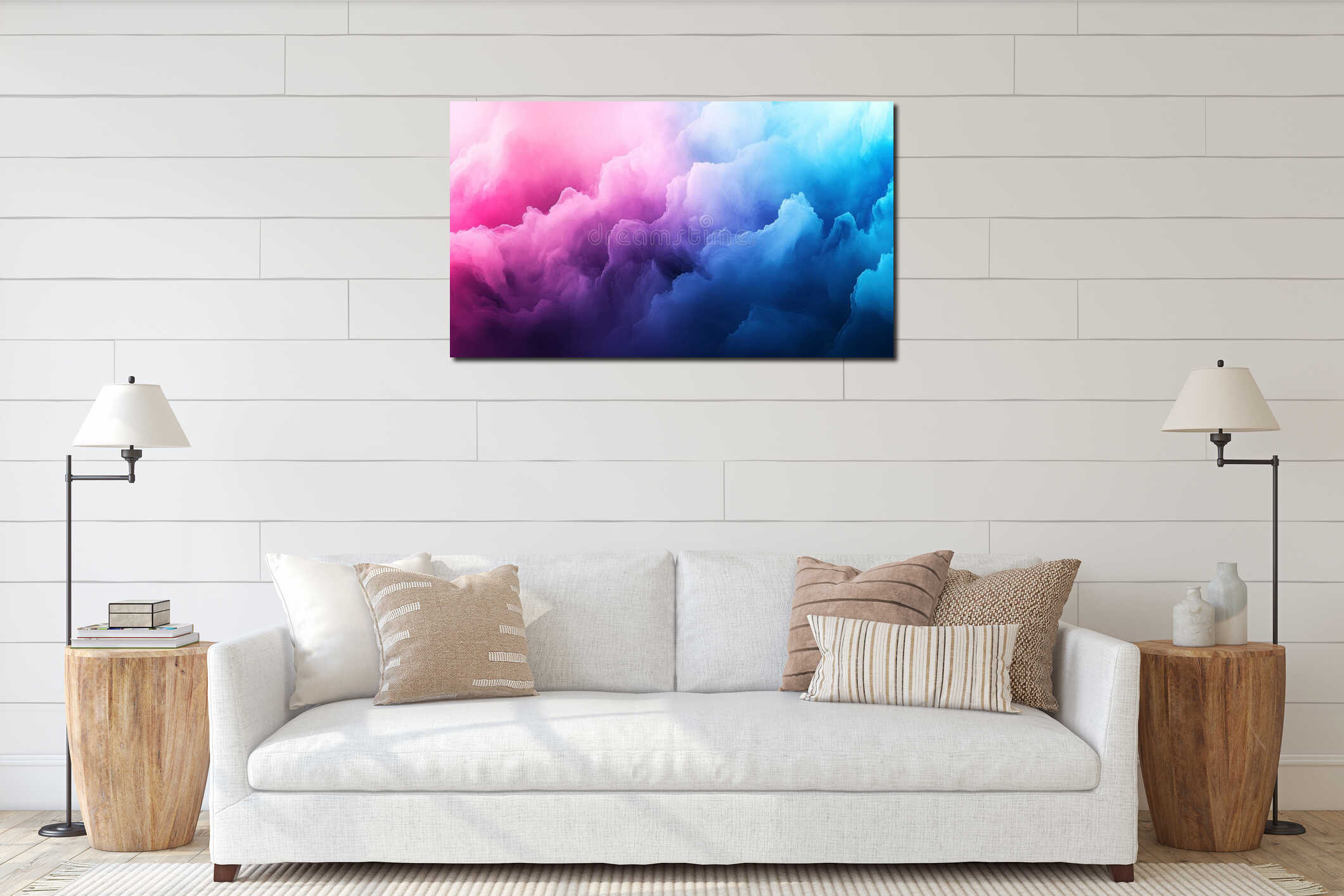 A neon watercolor painting on black paper. Vivid ink showcasing textured shades of blue, pink, and purple for a interior mockup