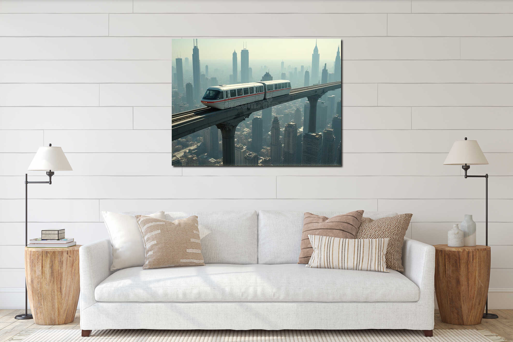 Futuristic Monorail Above a Cityscape, ai interior mockup