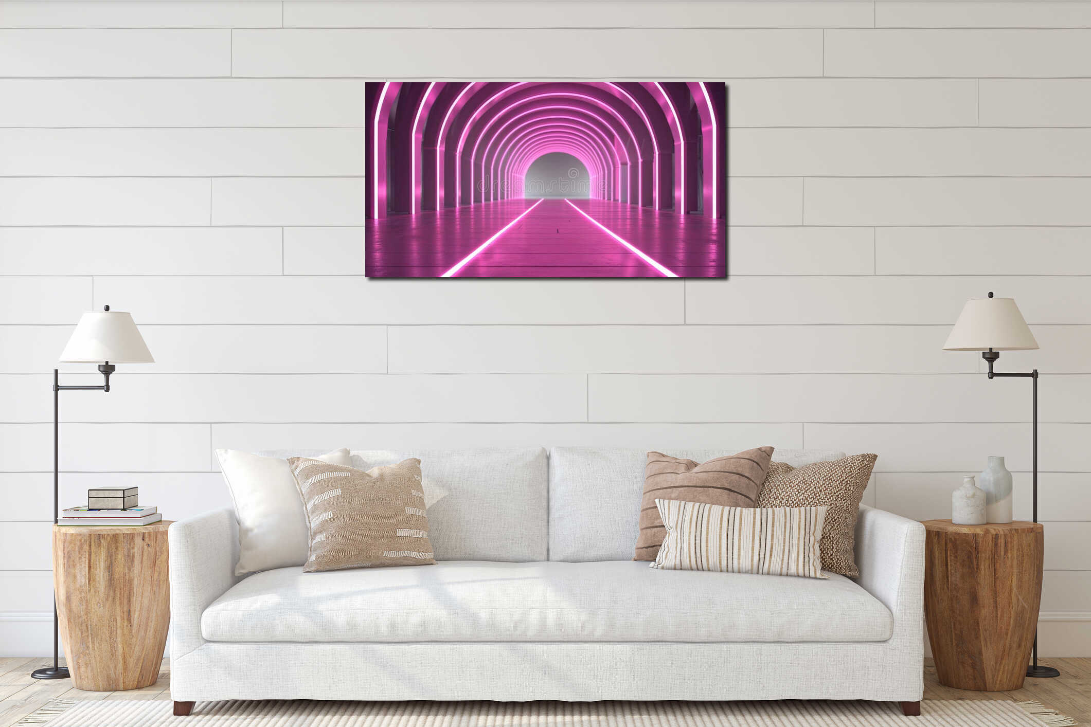 Futuristic pink neon lit hallway with arched structures. interior mockup