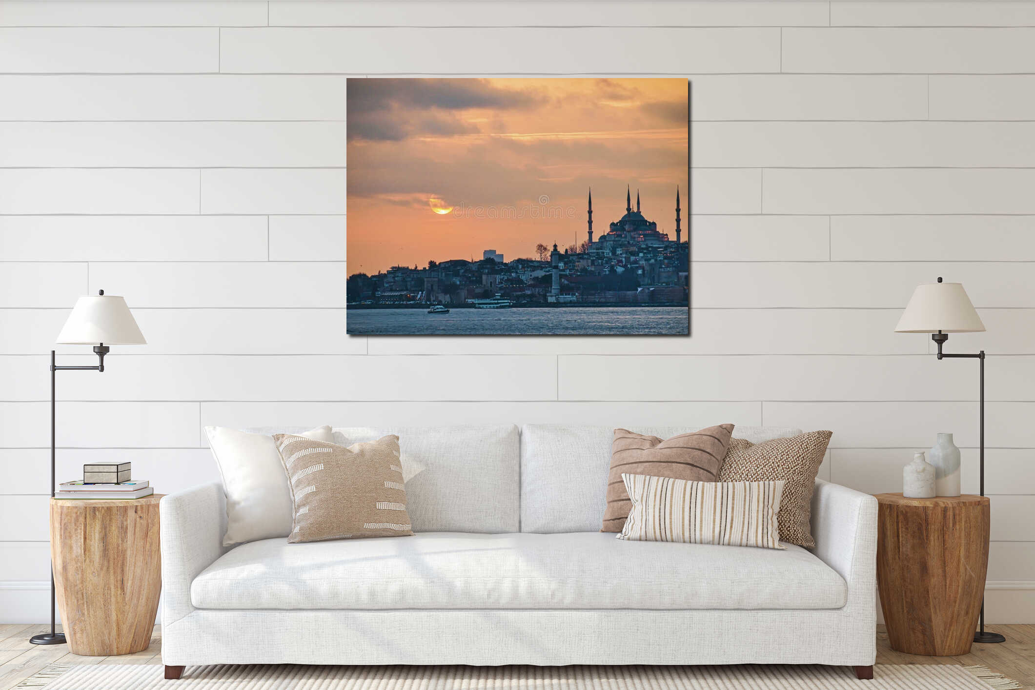 Sunset over Istanbul skyline with mosque silhouette interior mockup