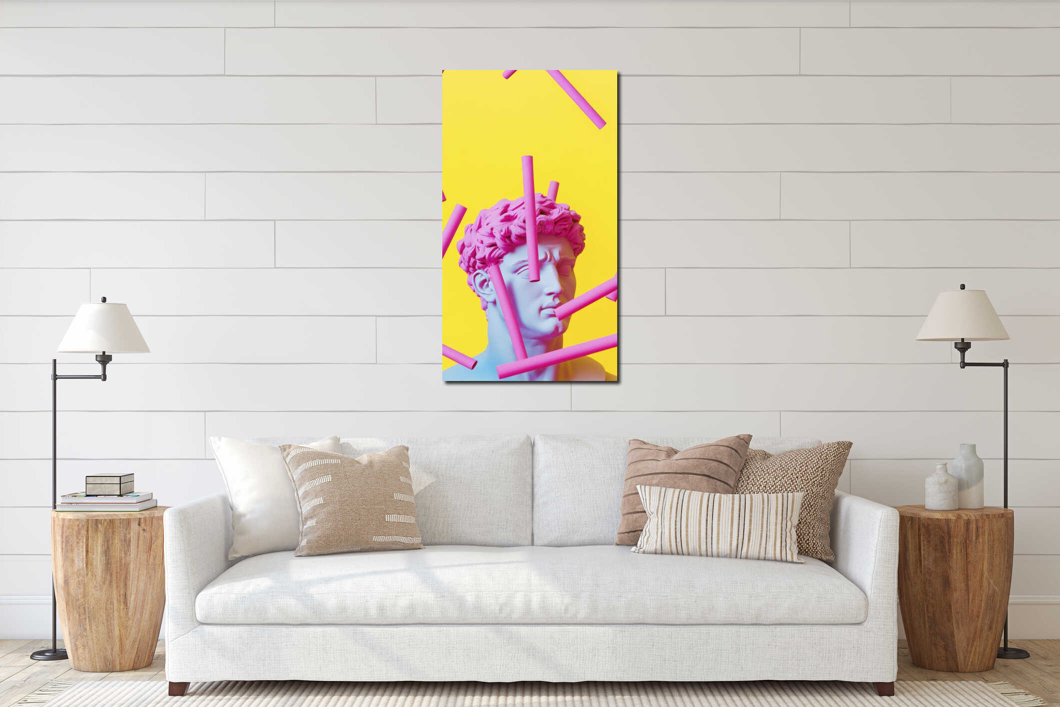 Abstract art with pink paper sticks on classical sculpture against yellow background interior mockup