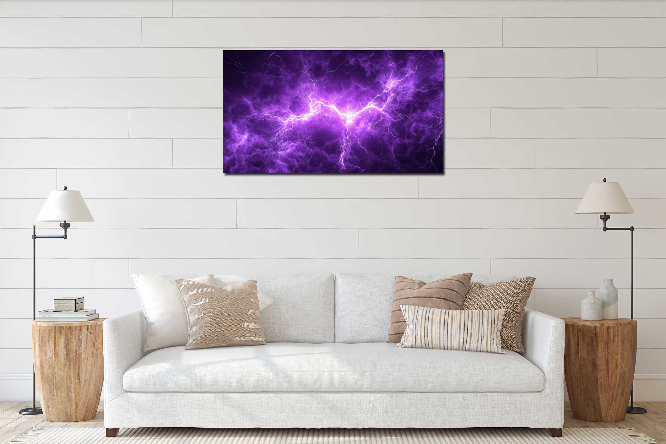 Vibrant purple lightning storm with dramatic clouds filling the sky, electric energy and intensity. Nature's power interior mockup