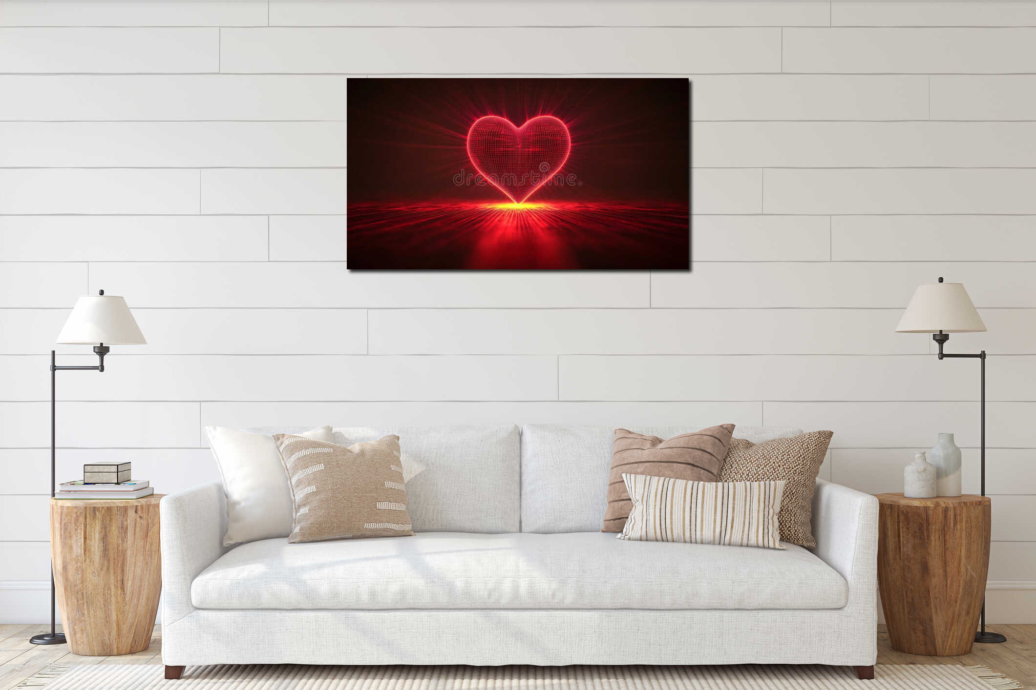 A 3D heart made of red diamonds, illuminated by neon shine and laser lines in space, against a black backdrop. A love interior mockup